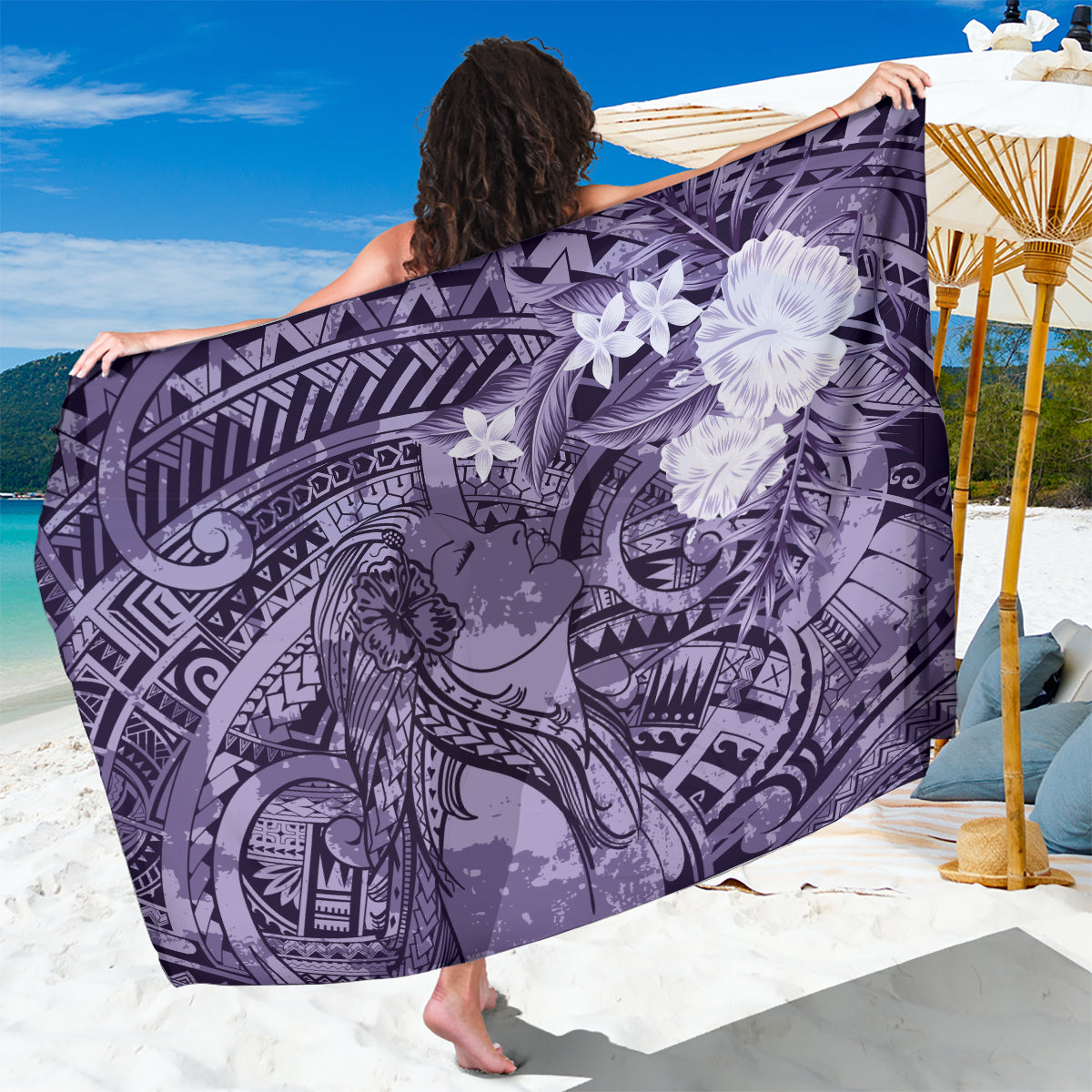 Pacific Beauty Girl Sarong Violet Polyneisan Tribal Vintage Motif