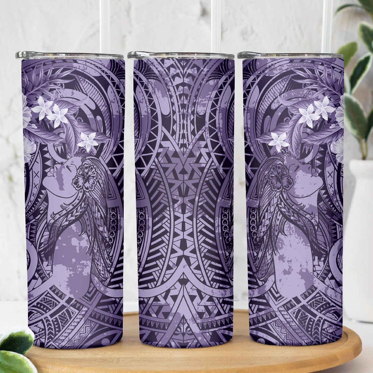 Pacific Beauty Girl Skinny Tumbler Violet Polyneisan Tribal Vintage Motif