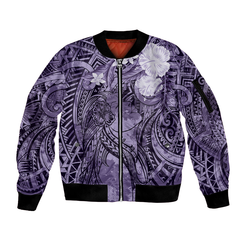 Pacific Beauty Girl Sleeve Zip Bomber Jacket Violet Polyneisan Tribal Vintage Motif