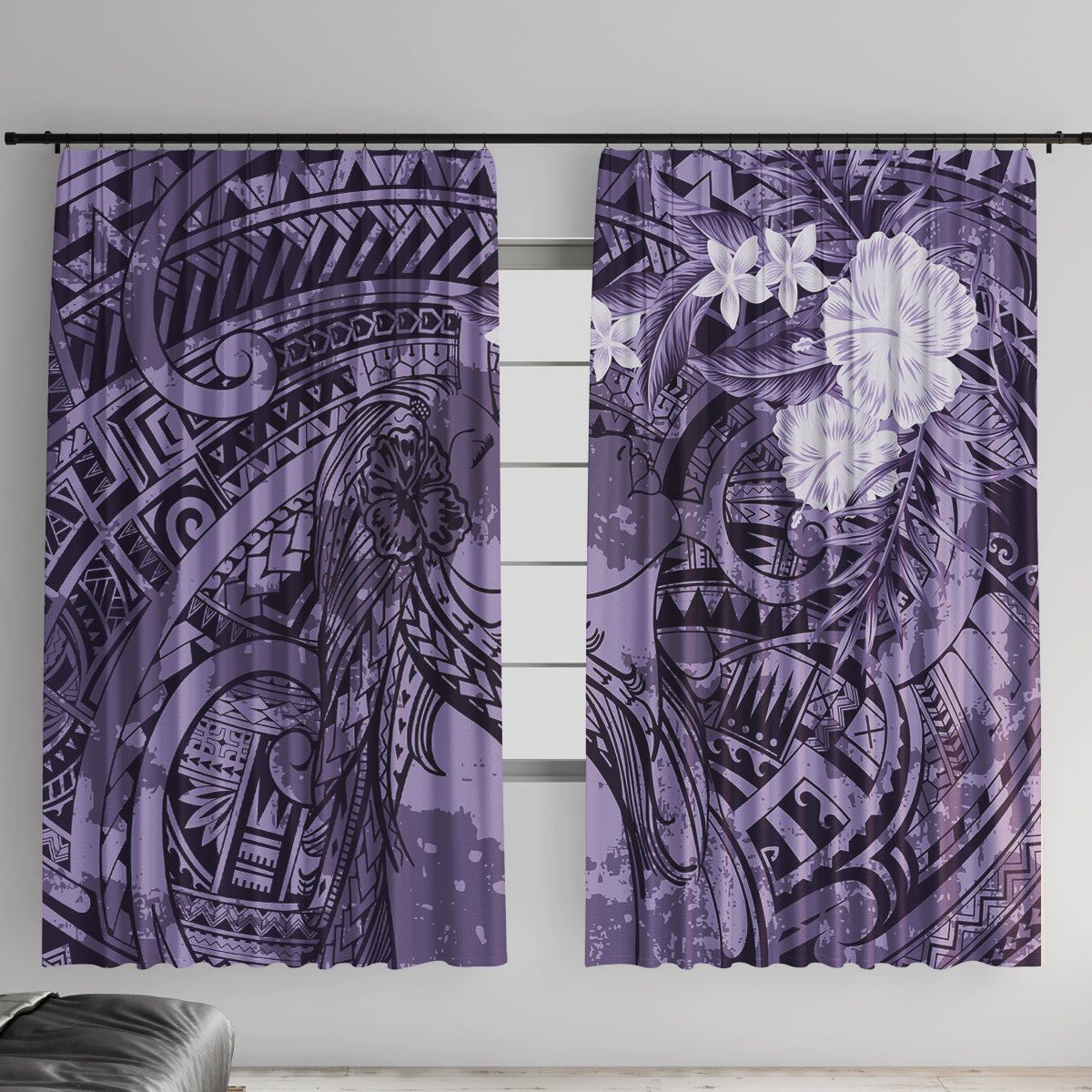 Pacific Beauty Girl Window Curtain Violet Polyneisan Tribal Vintage Motif LT9 With Hooks Violet - Polynesian Pride