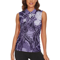 Pacific Beauty Girl Women Sleeveless Polo Shirt Violet Polyneisan Tribal Vintage Motif