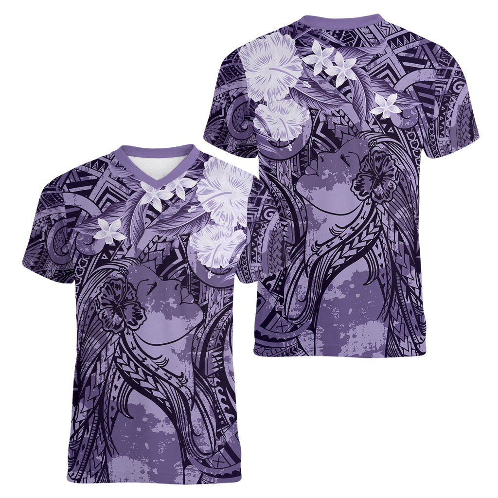 Pacific Beauty Girl Women V-Neck T-Shirt Violet Polyneisan Tribal Vintage Motif