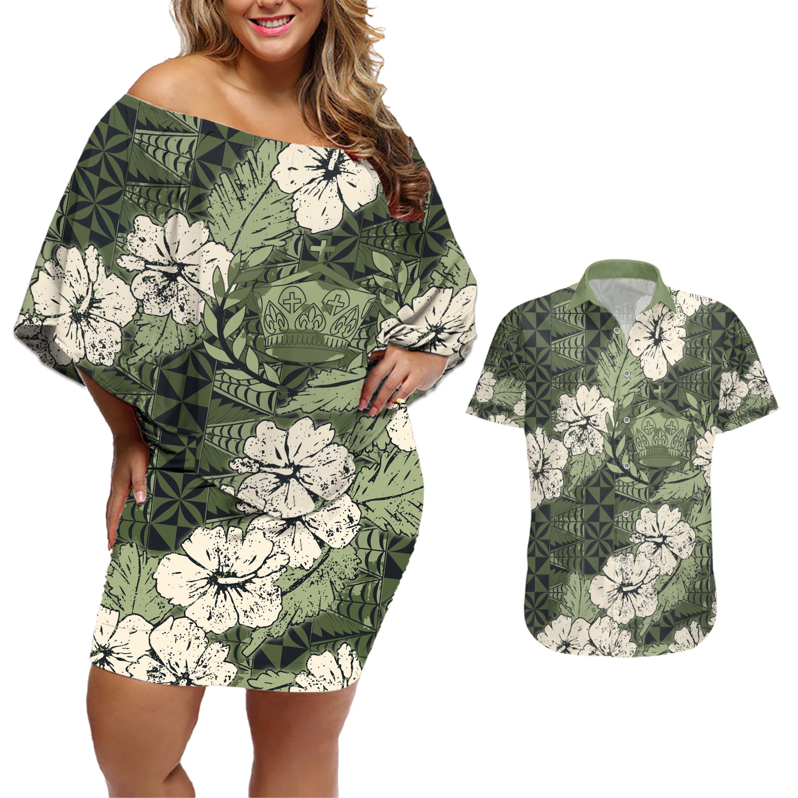 Tongan Kupesi Ngatu Hibiscus Vintage Motif Couples Matching Off Shoulder Short Dress and Hawaiian Shirt