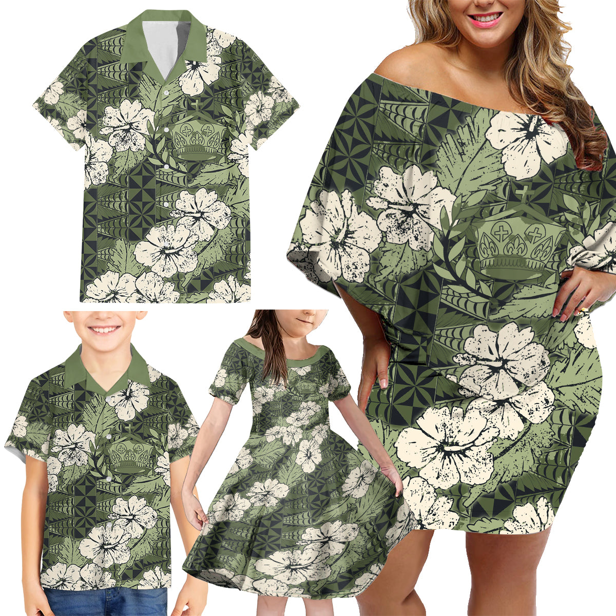 Tongan Kupesi Ngatu Hibiscus Vintage Motif Family Matching Off Shoulder Short Dress and Hawaiian Shirt