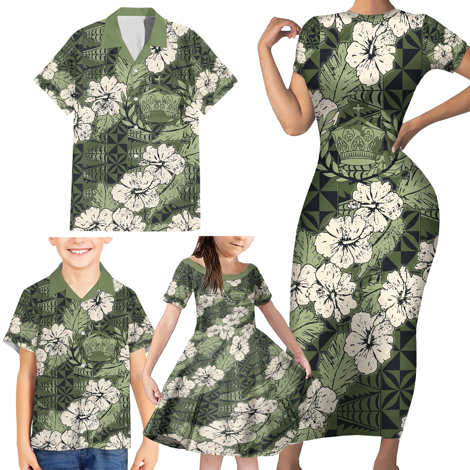 Tongan Kupesi Ngatu Hibiscus Vintage Motif Family Matching Short Sleeve Bodycon Dress and Hawaiian Shirt