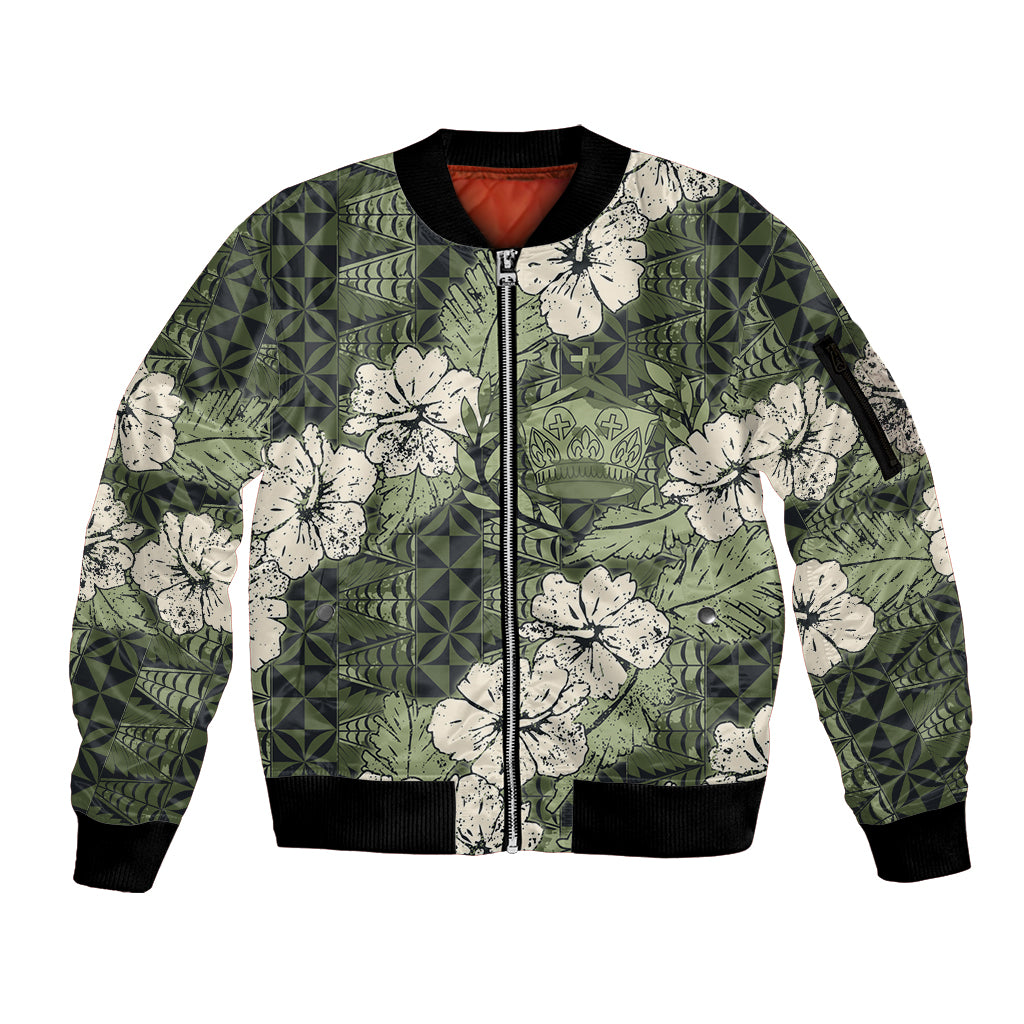 Tongan Kupesi Ngatu Hibiscus Vintage Motif Sleeve Zip Bomber Jacket