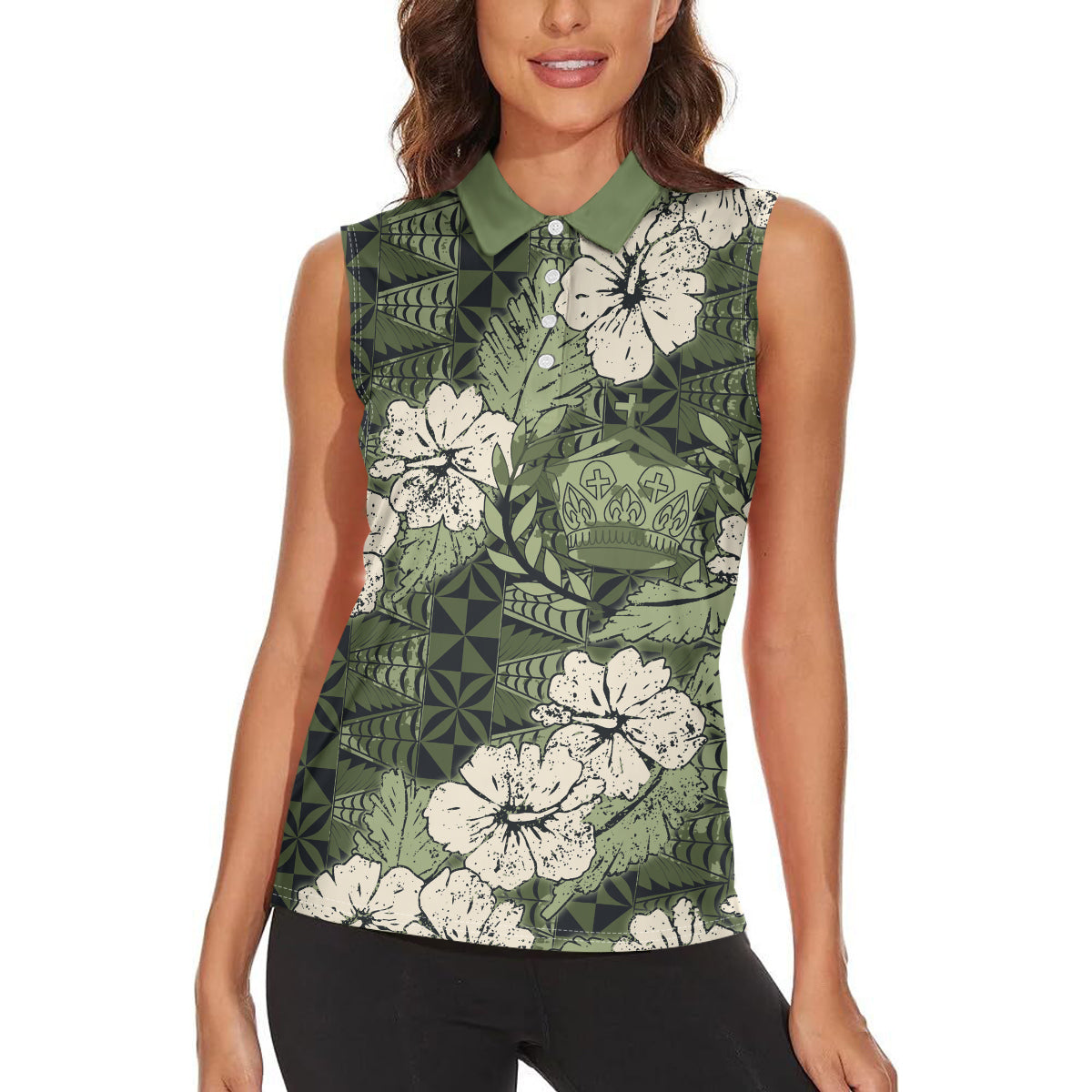 Tongan Kupesi Ngatu Hibiscus Vintage Motif Women Sleeveless Polo Shirt