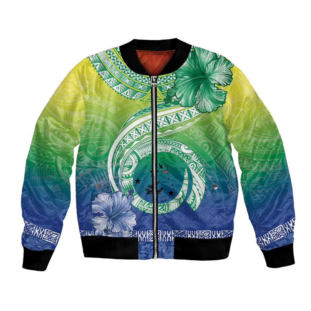 Malpampa Vanuatu Bomber Jacket Hibiscus Sand Drawing with Pacific Pattern LT9 Unisex Green Art - Polynesian Pride