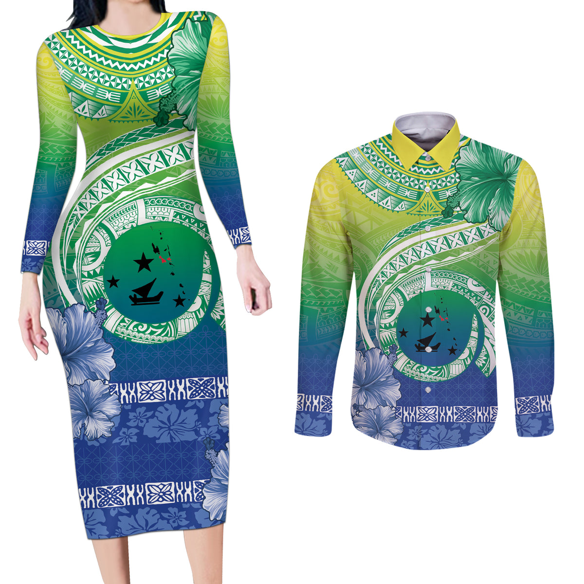 Malpampa Vanuatu Couples Matching Long Sleeve Bodycon Dress and Long Sleeve Button Shirt Hibiscus Sand Drawing with Pacific Pattern