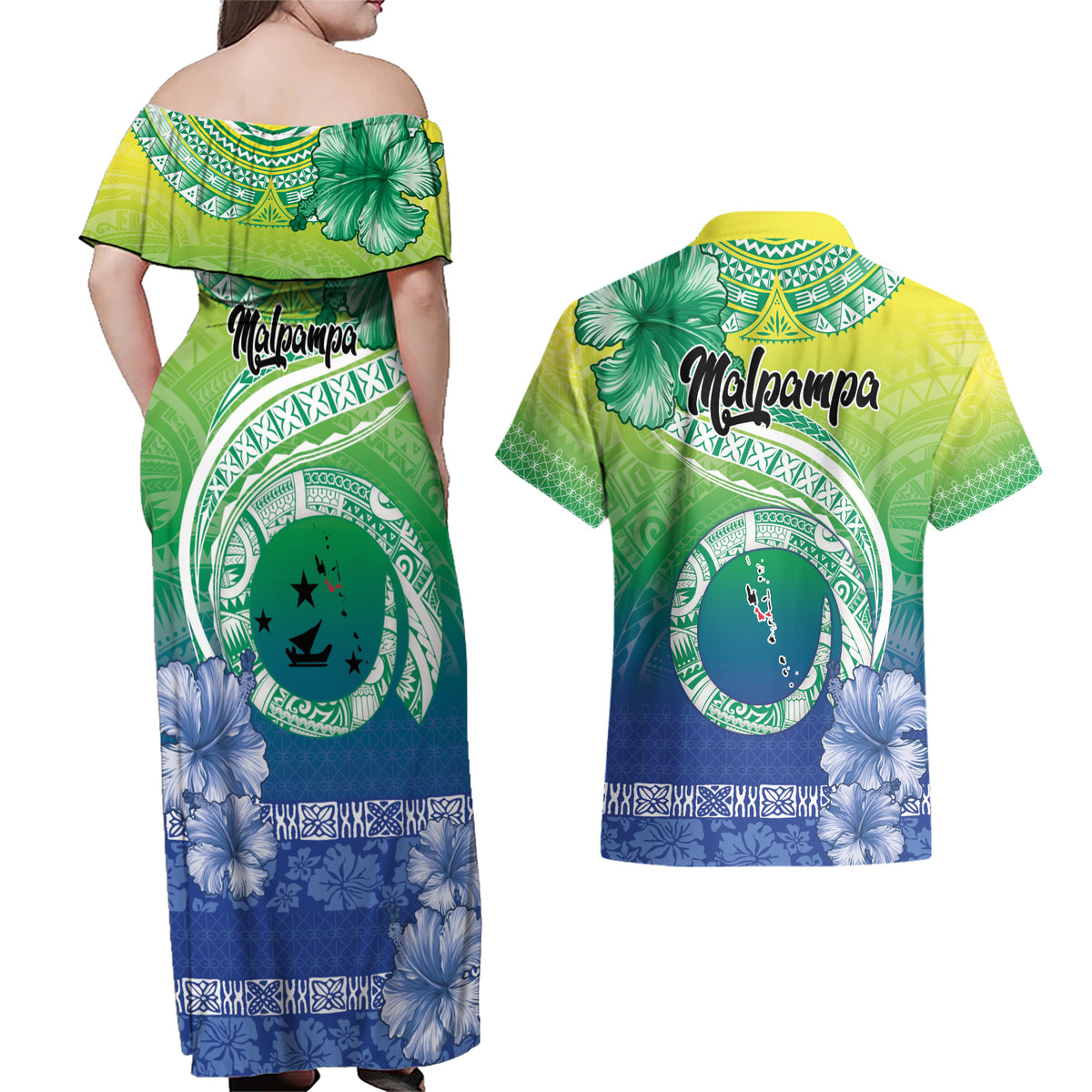 Malpampa Vanuatu Couples Matching Off Shoulder Maxi Dress and Hawaiian Shirt Hibiscus Sand Drawing with Pacific Pattern