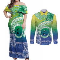 Malpampa Vanuatu Couples Matching Off Shoulder Maxi Dress and Long Sleeve Button Shirt Hibiscus Sand Drawing with Pacific Pattern
