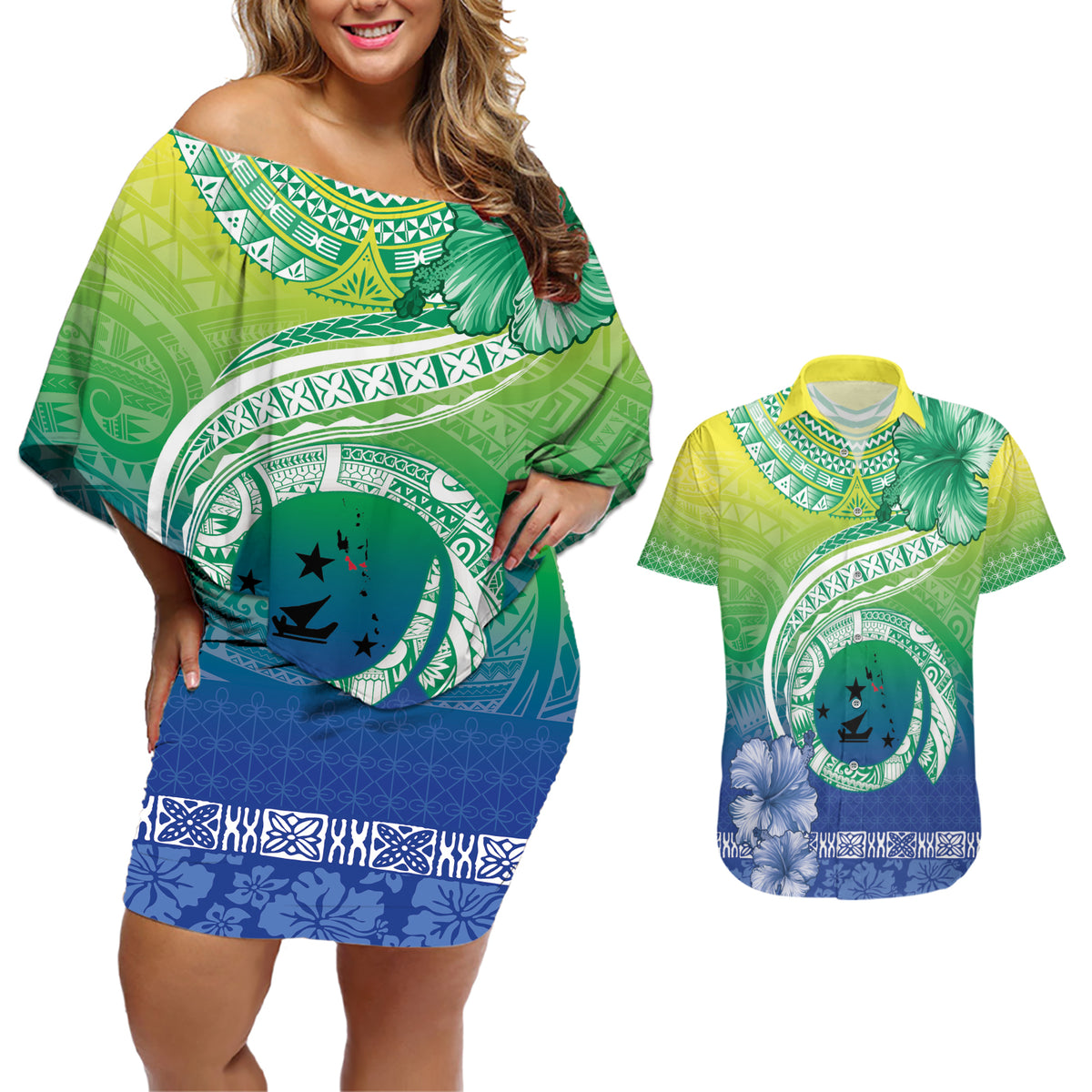 Malpampa Vanuatu Couples Matching Off Shoulder Short Dress and Hawaiian Shirt Hibiscus Sand Drawing with Pacific Pattern