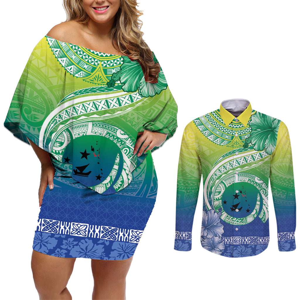 Malpampa Vanuatu Couples Matching Off Shoulder Short Dress and Long Sleeve Button Shirt Hibiscus Sand Drawing with Pacific Pattern