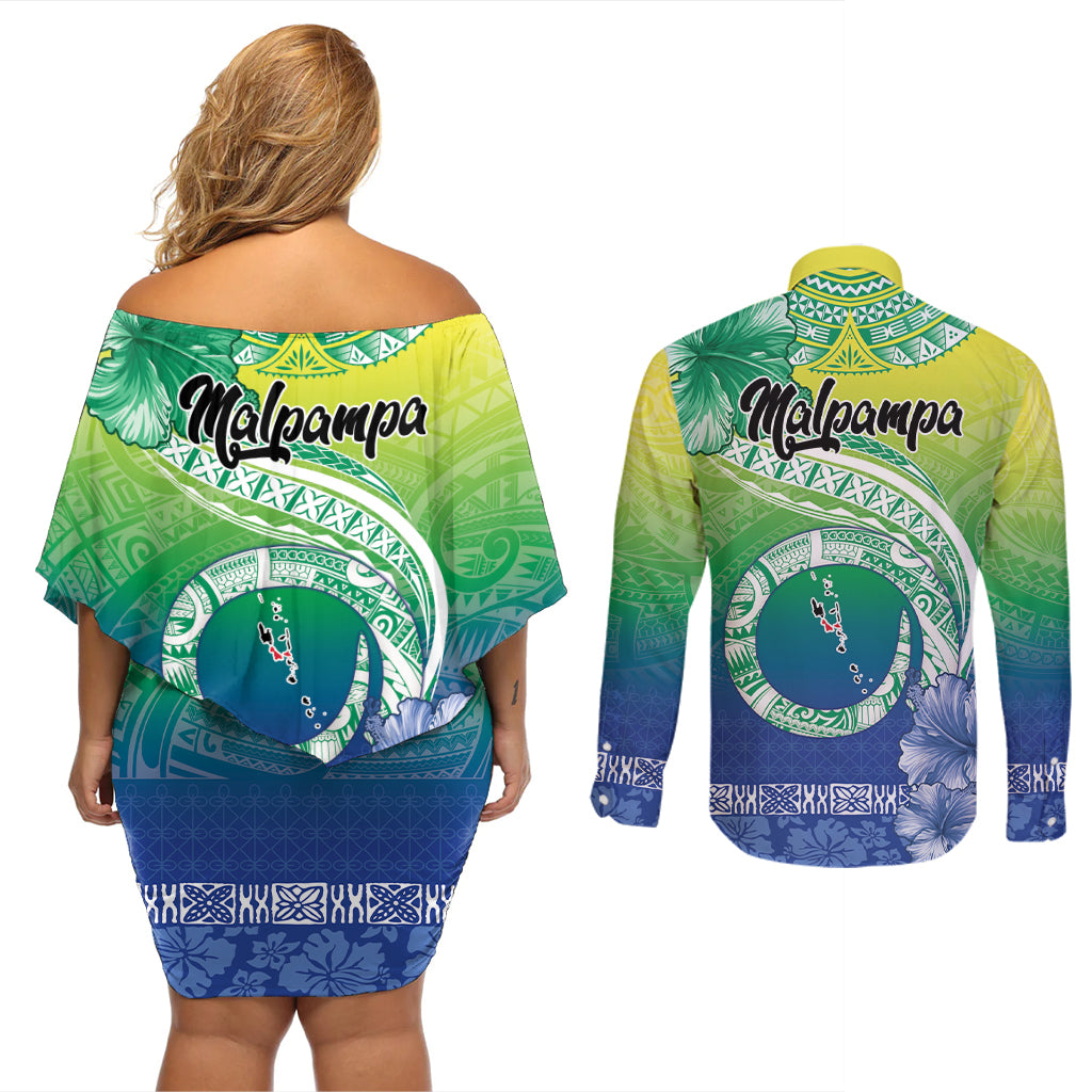 Malpampa Vanuatu Couples Matching Off Shoulder Short Dress and Long Sleeve Button Shirt Hibiscus Sand Drawing with Pacific Pattern