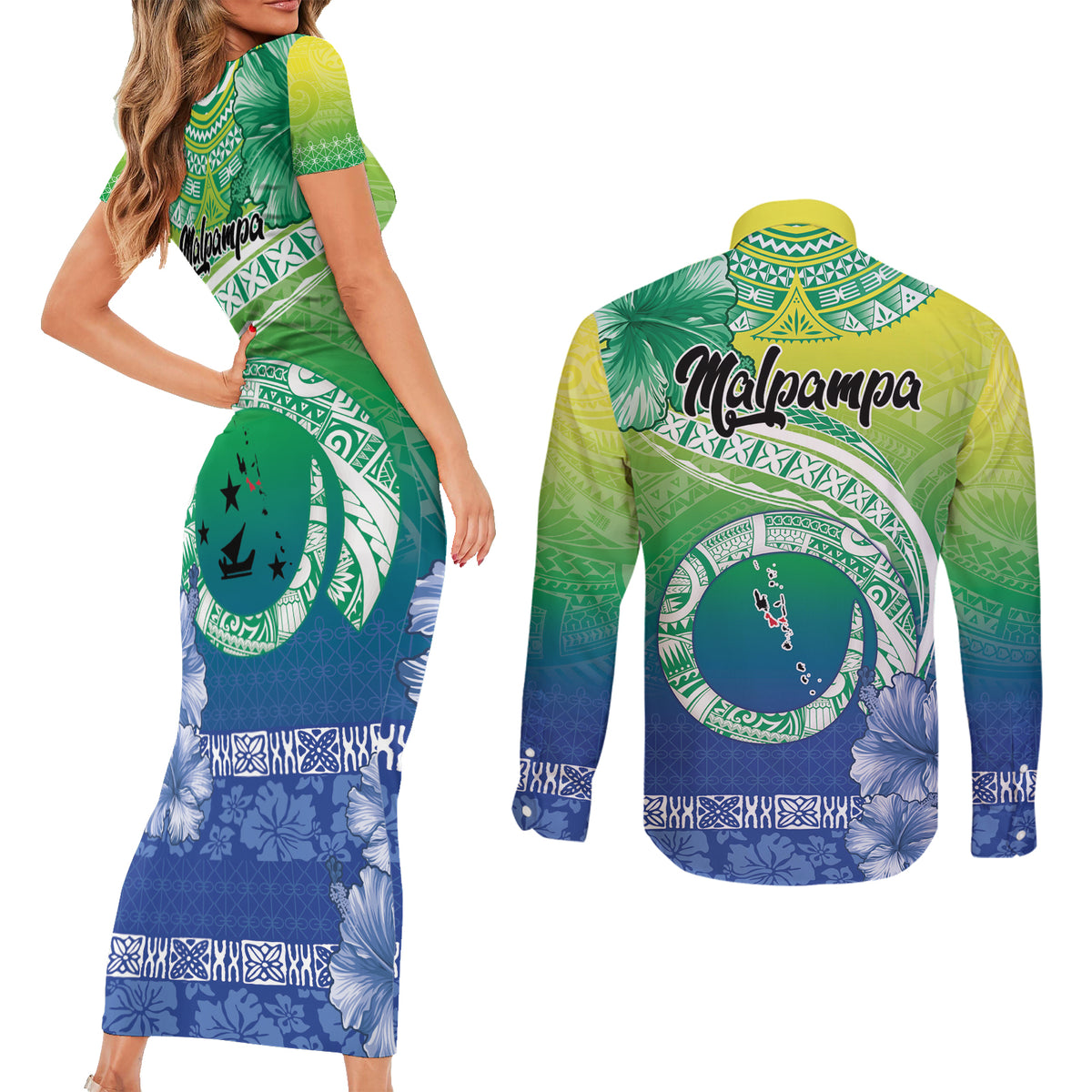 Malpampa Vanuatu Couples Matching Short Sleeve Bodycon Dress and Long Sleeve Button Shirt Hibiscus Sand Drawing with Pacific Pattern