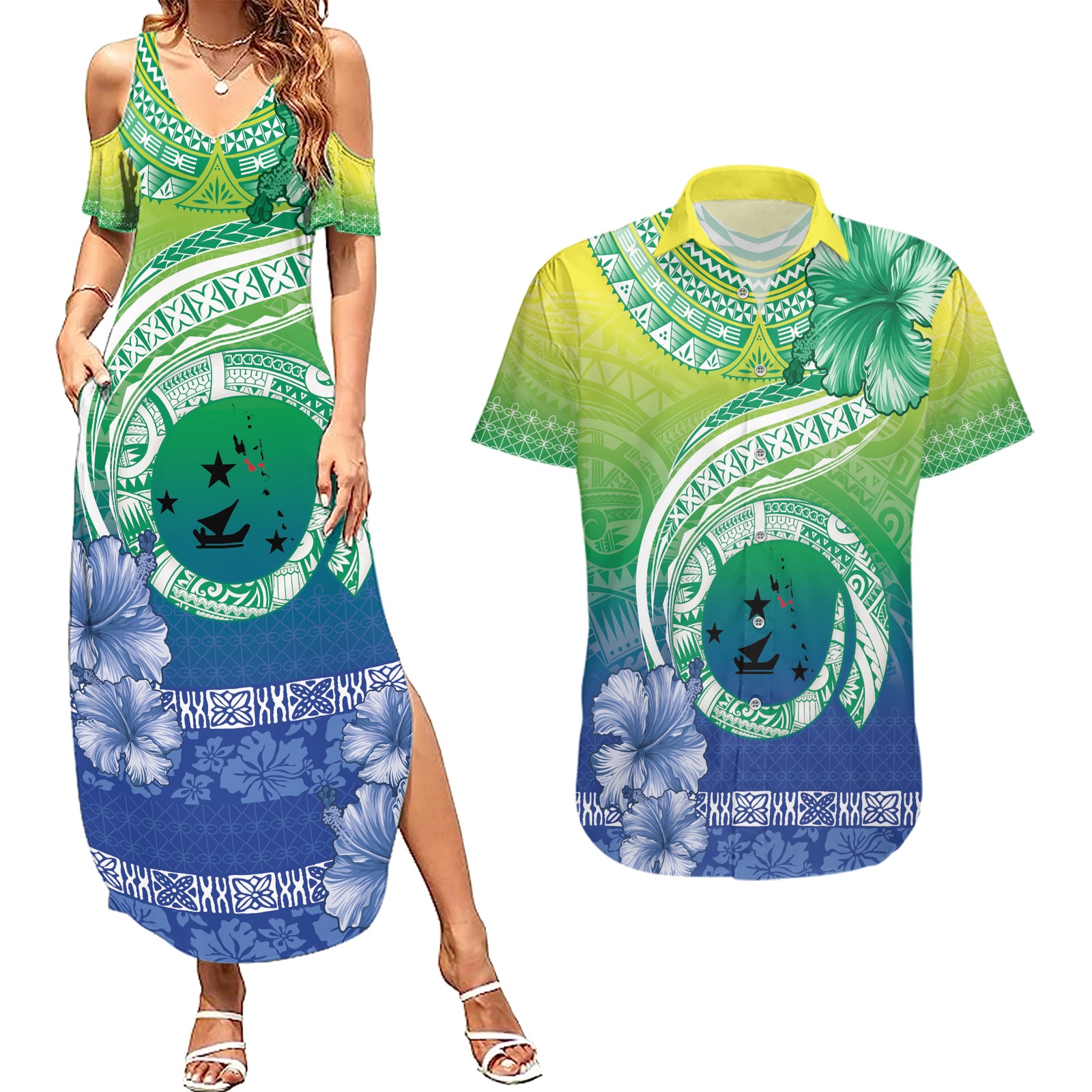 Malpampa Vanuatu Couples Matching Summer Maxi Dress and Hawaiian Shirt Hibiscus Sand Drawing with Pacific Pattern