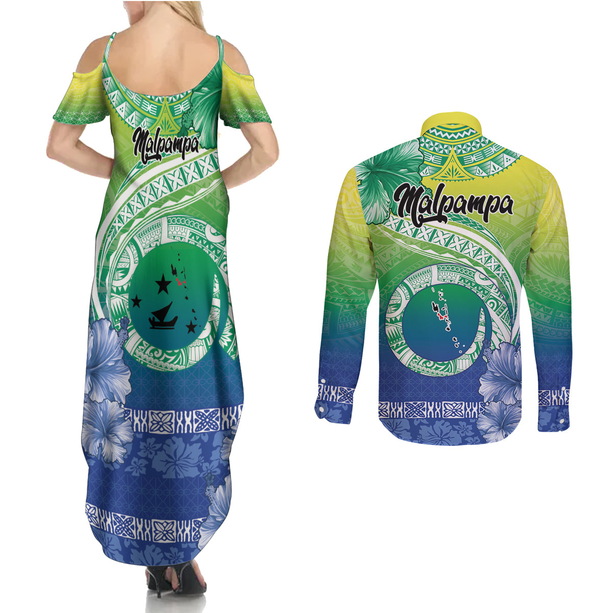 Malpampa Vanuatu Couples Matching Summer Maxi Dress and Long Sleeve Button Shirt Hibiscus Sand Drawing with Pacific Pattern