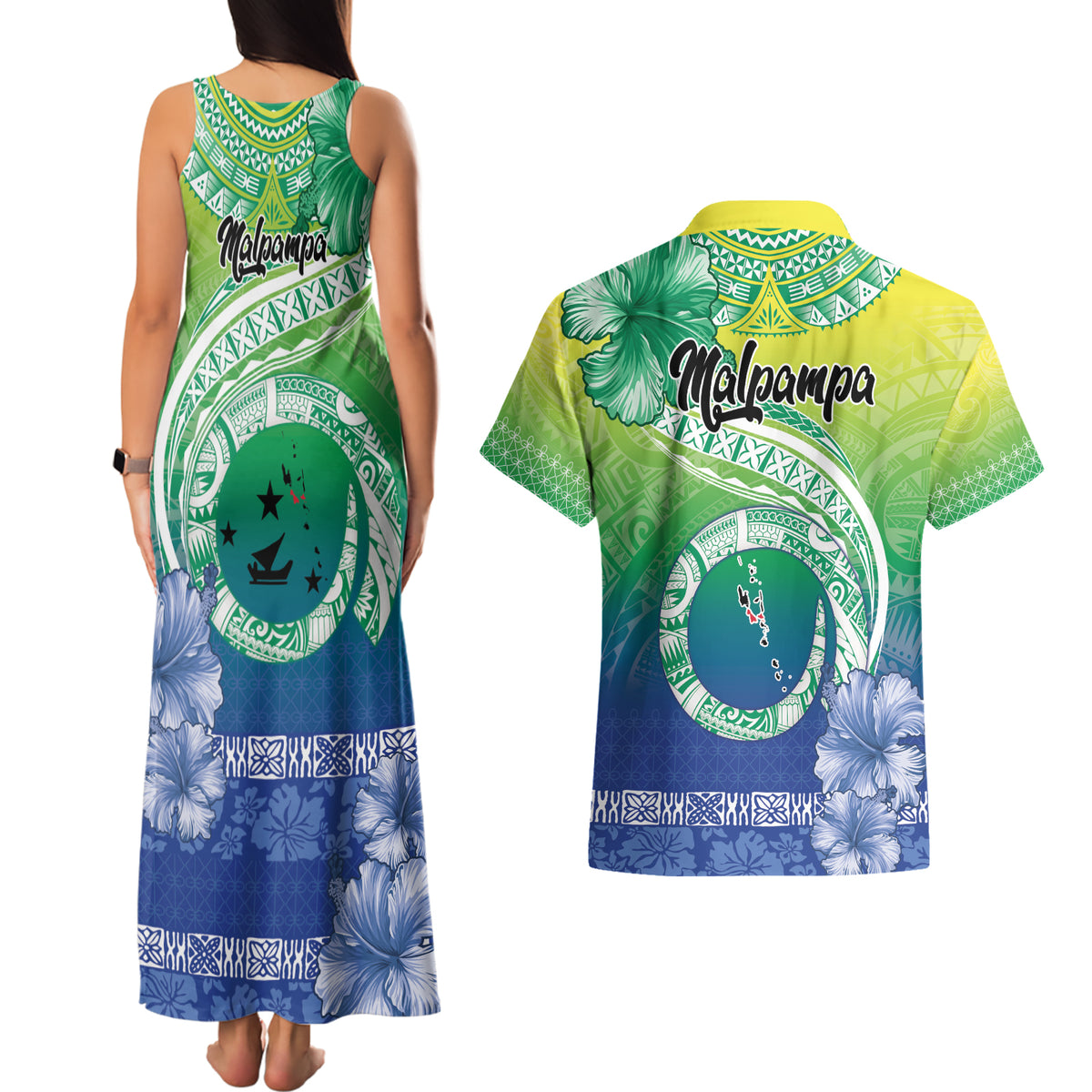 Malpampa Vanuatu Couples Matching Tank Maxi Dress and Hawaiian Shirt Hibiscus Sand Drawing with Pacific Pattern