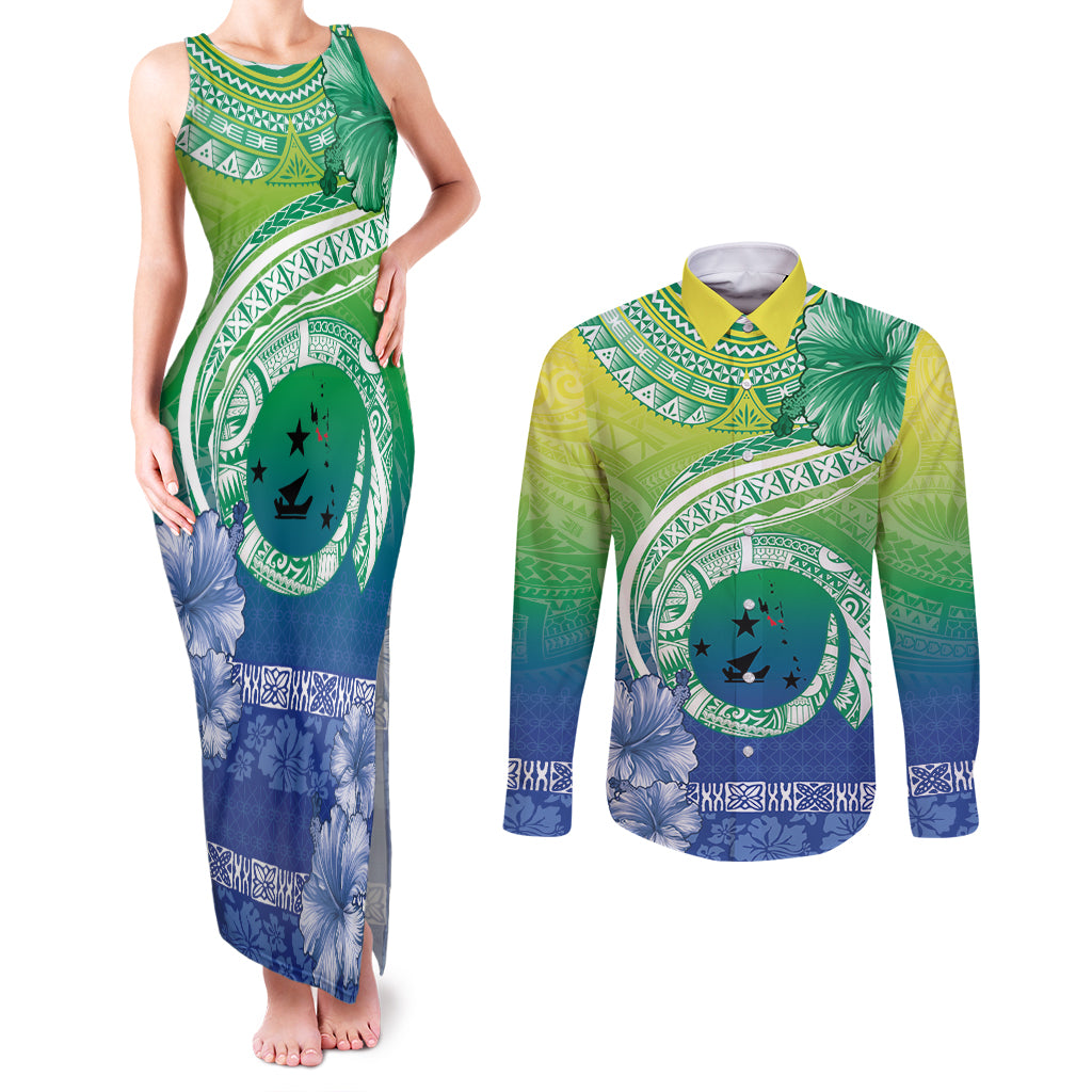 Malpampa Vanuatu Couples Matching Tank Maxi Dress and Long Sleeve Button Shirt Hibiscus Sand Drawing with Pacific Pattern