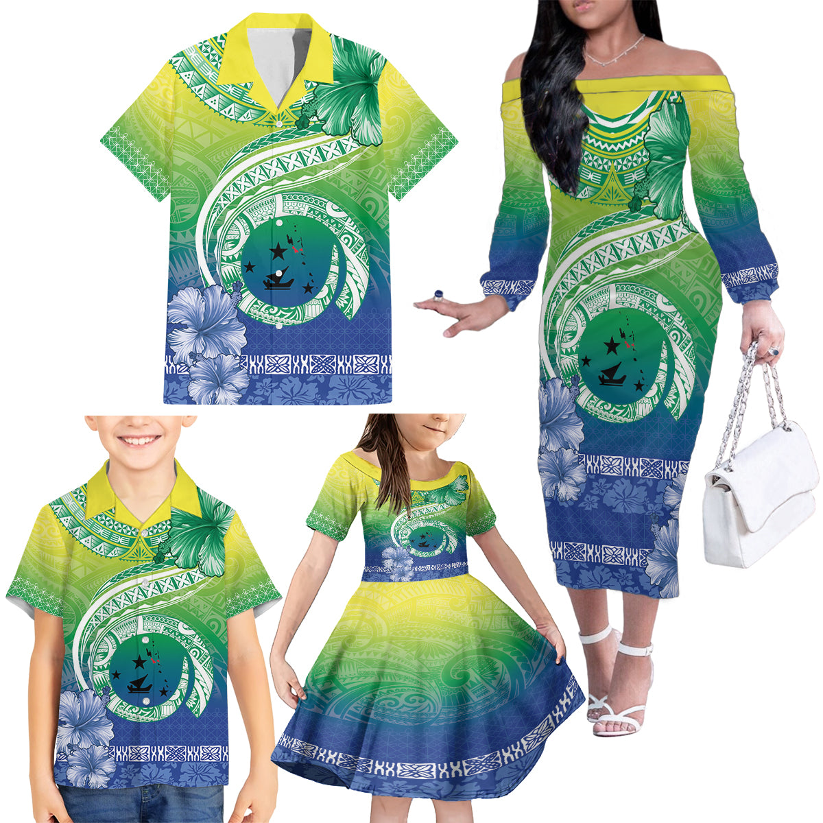 Malpampa Vanuatu Family Matching Off The Shoulder Long Sleeve Dress and Hawaiian Shirt Hibiscus Sand Drawing with Pacific Pattern LT9 - Polynesian Pride