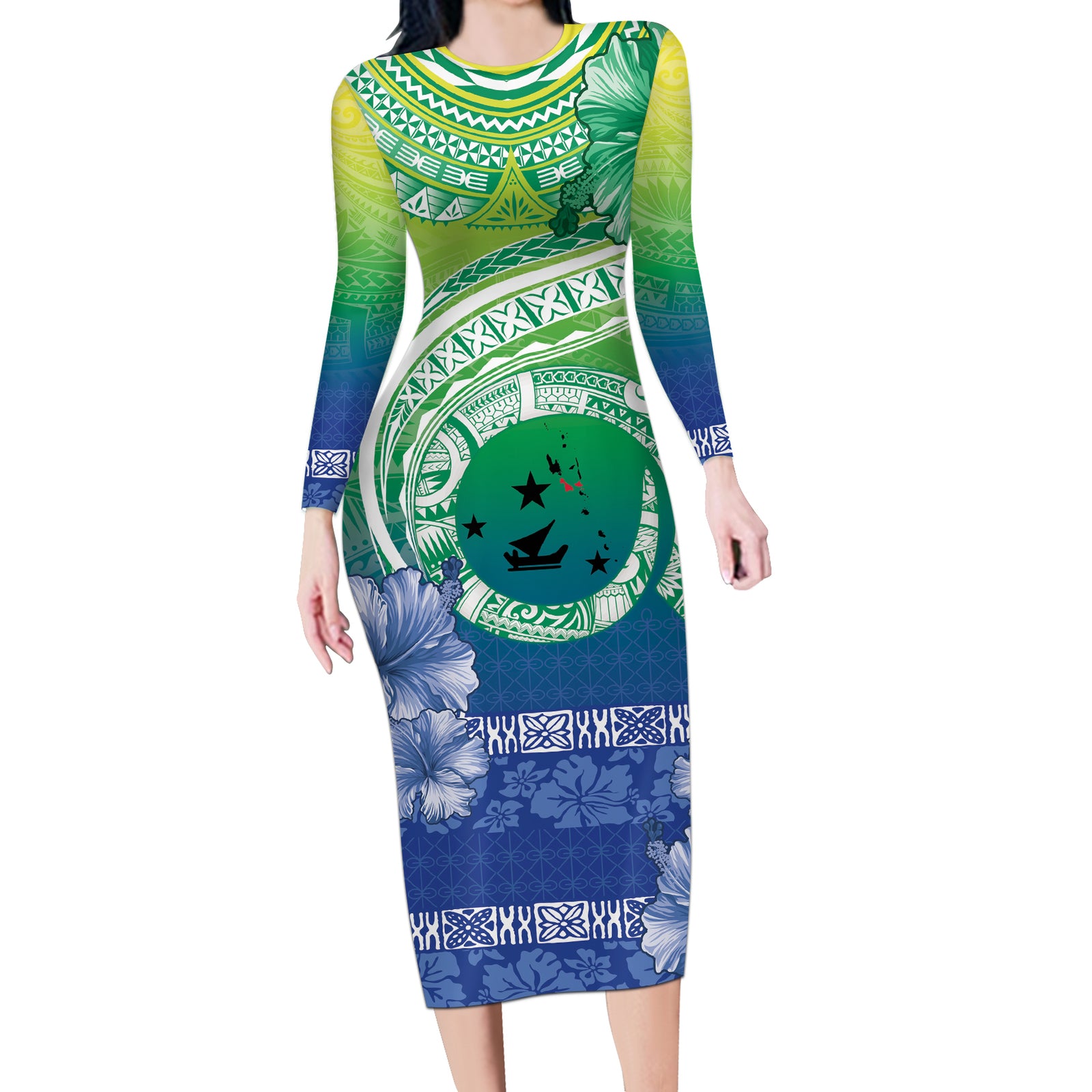Malpampa Vanuatu Long Sleeve Bodycon Dress Hibiscus Sand Drawing with Pacific Pattern LT9 Long Dress Green Art - Polynesian Pride