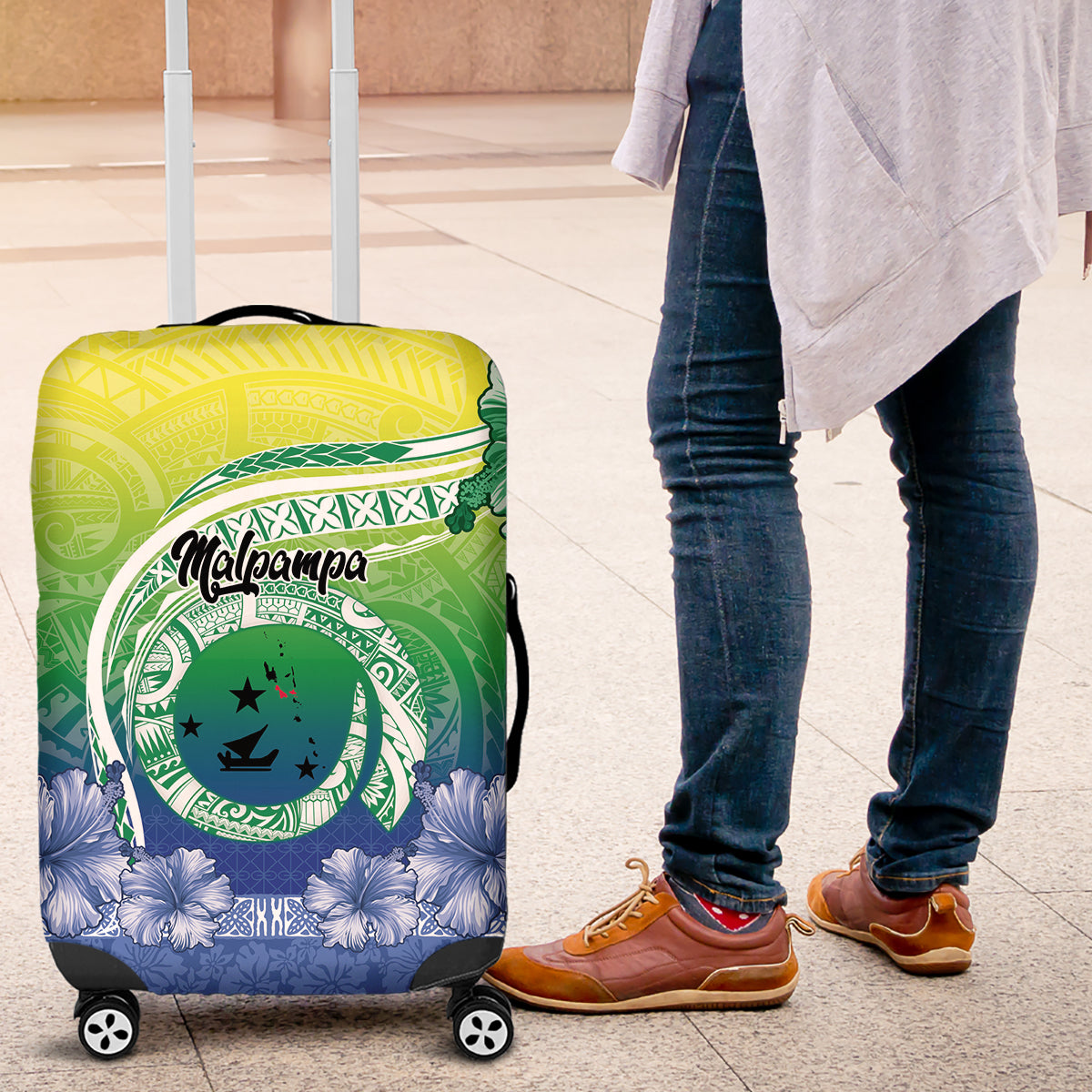 Malpampa Vanuatu Luggage Cover Hibiscus Sand Drawing with Pacific Pattern LT9 Green Art - Polynesian Pride