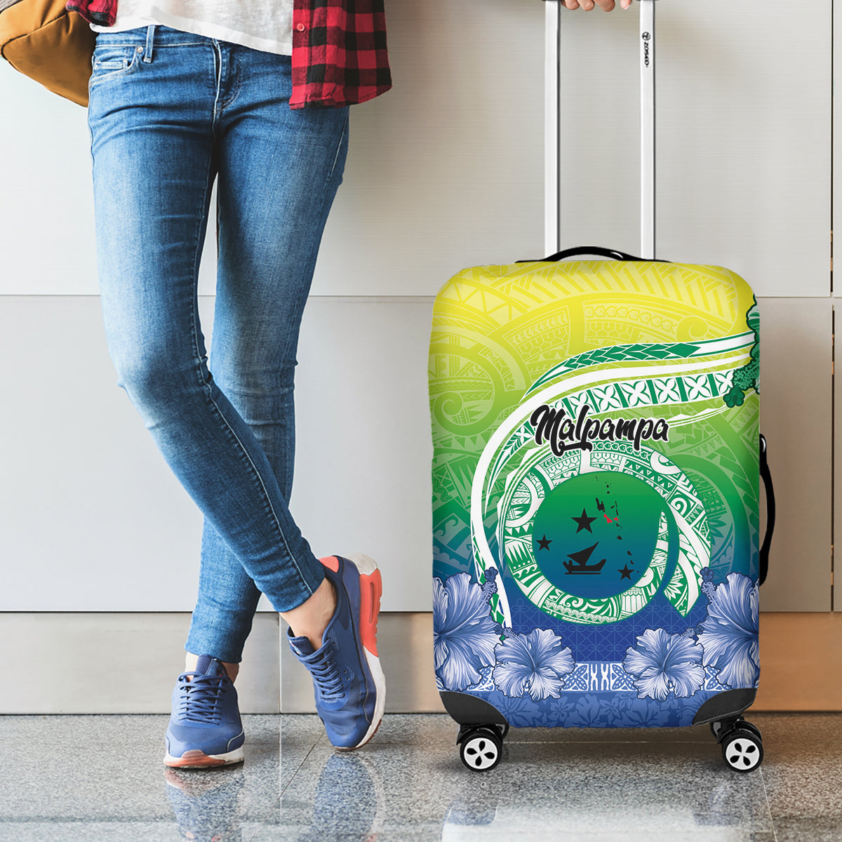 Malpampa Vanuatu Luggage Cover Hibiscus Sand Drawing with Pacific Pattern