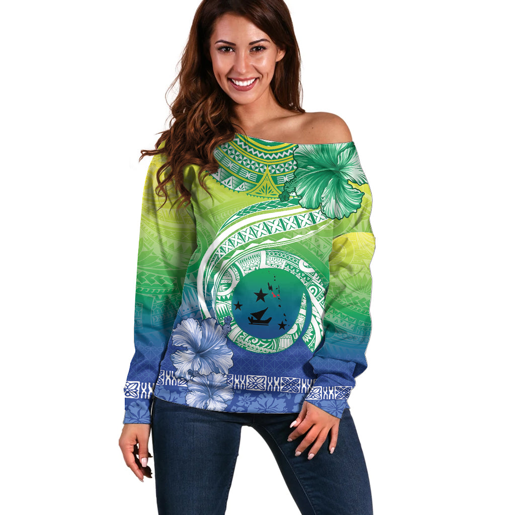 Malpampa Vanuatu Off Shoulder Sweater Hibiscus Sand Drawing with Pacific Pattern LT9 Women Green Art - Polynesian Pride