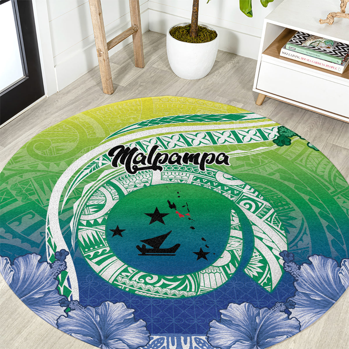 Malpampa Vanuatu Round Carpet Hibiscus Sand Drawing with Pacific Pattern LT9 Green Art - Polynesian Pride