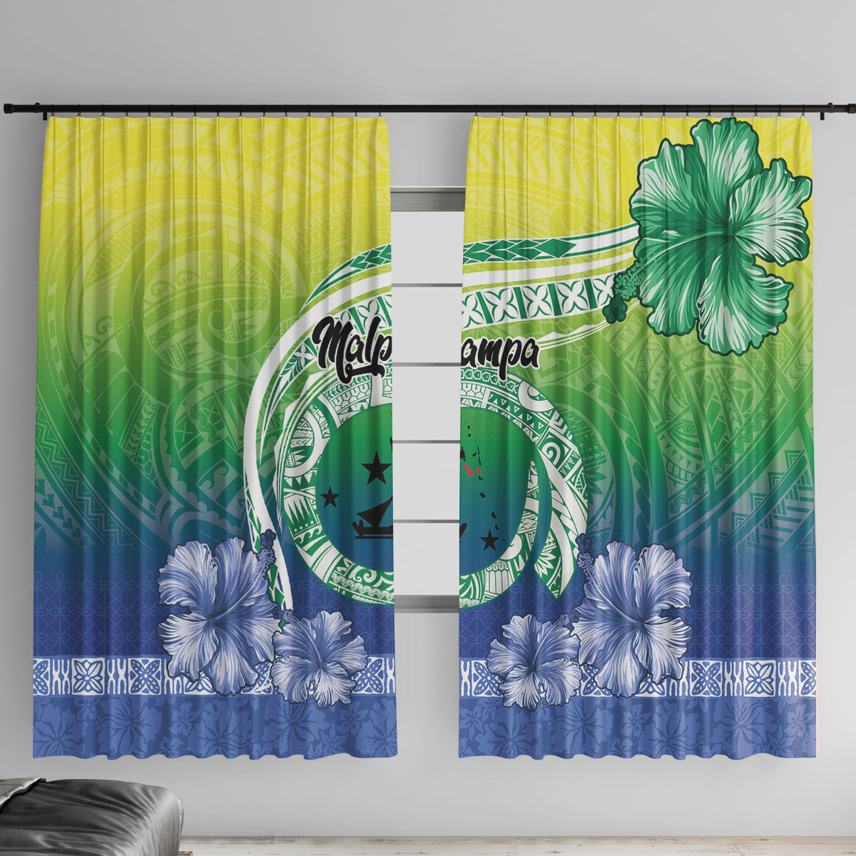 Malpampa Vanuatu Window Curtain Hibiscus Sand Drawing with Pacific Pattern LT9 With Hooks Green Art - Polynesian Pride