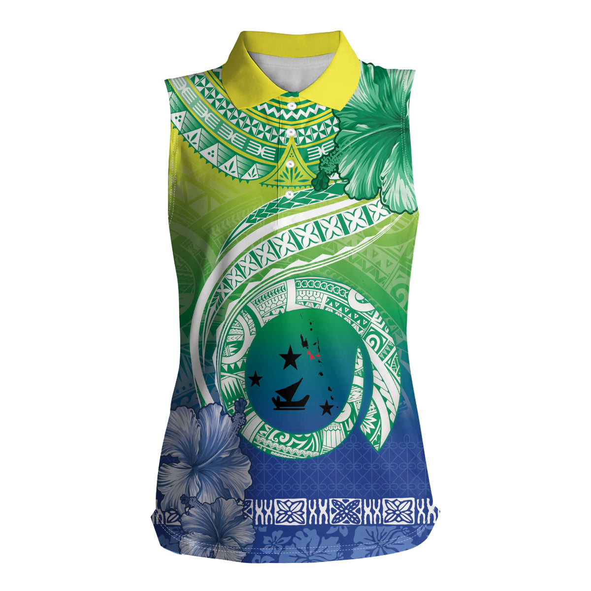 Malpampa Vanuatu Women Sleeveless Polo Shirt Hibiscus Sand Drawing with Pacific Pattern LT9 Female Green Art - Polynesian Pride