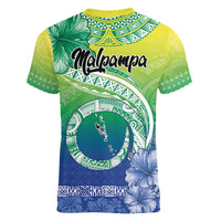 Malpampa Vanuatu Women V-Neck T-Shirt Hibiscus Sand Drawing with Pacific Pattern