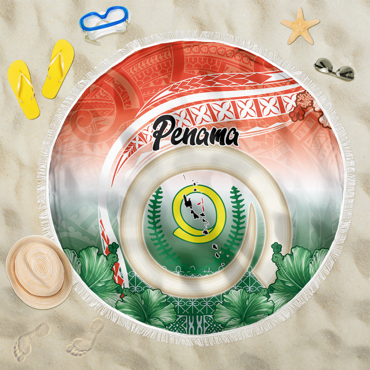 Penama Vanuatu Beach Blanket Hibiscus Sand Drawing with Pacific Pattern