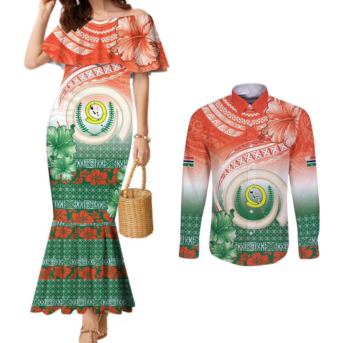 Penama Vanuatu Couples Matching Mermaid Dress and Long Sleeve Button Shirt Hibiscus Sand Drawing with Pacific Pattern