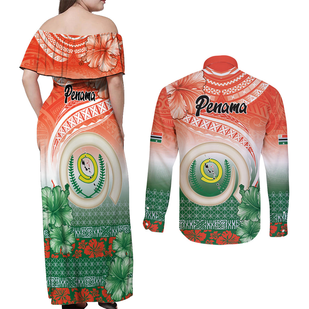 Penama Vanuatu Couples Matching Off Shoulder Maxi Dress and Long Sleeve Button Shirt Hibiscus Sand Drawing with Pacific Pattern