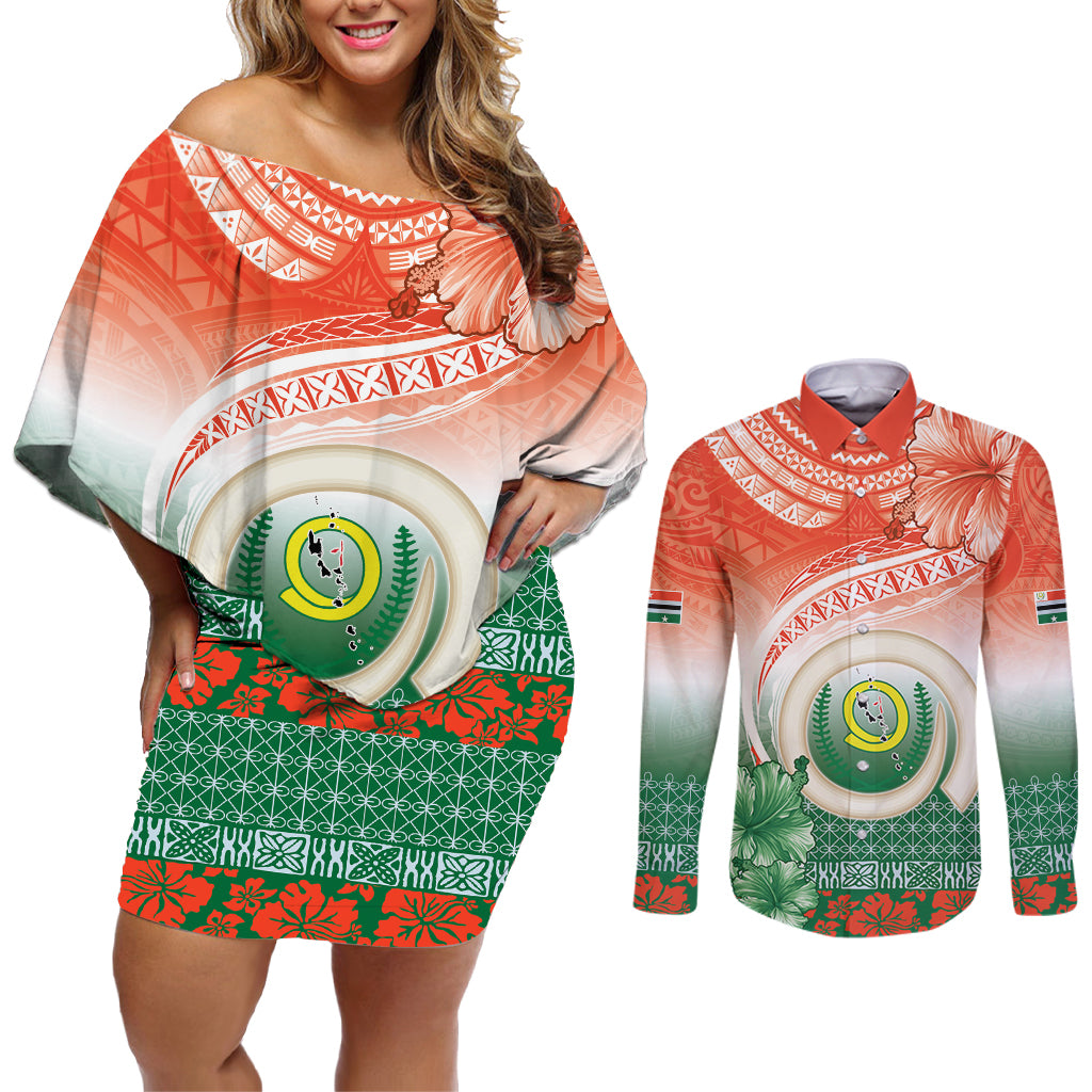 Penama Vanuatu Couples Matching Off Shoulder Short Dress and Long Sleeve Button Shirt Hibiscus Sand Drawing with Pacific Pattern