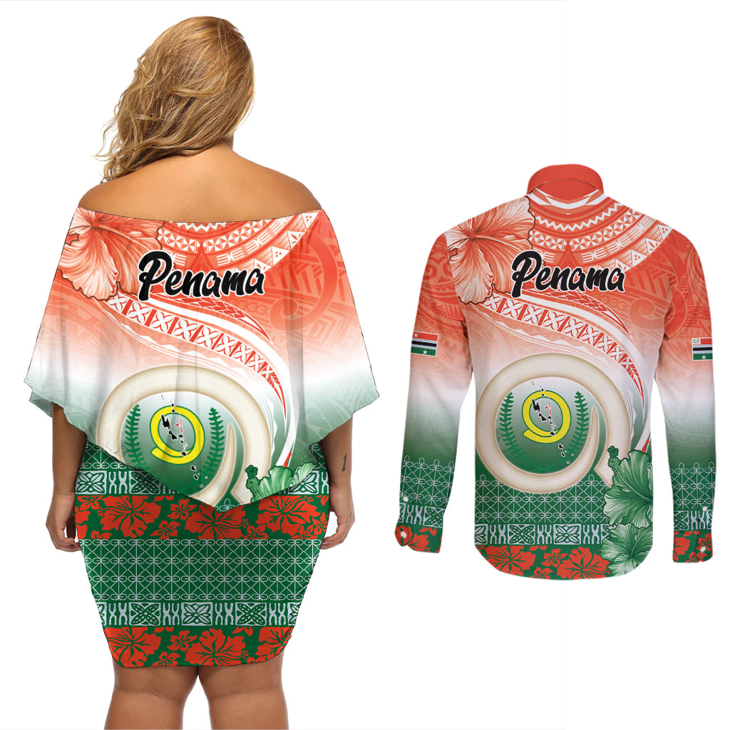Penama Vanuatu Couples Matching Off Shoulder Short Dress and Long Sleeve Button Shirt Hibiscus Sand Drawing with Pacific Pattern