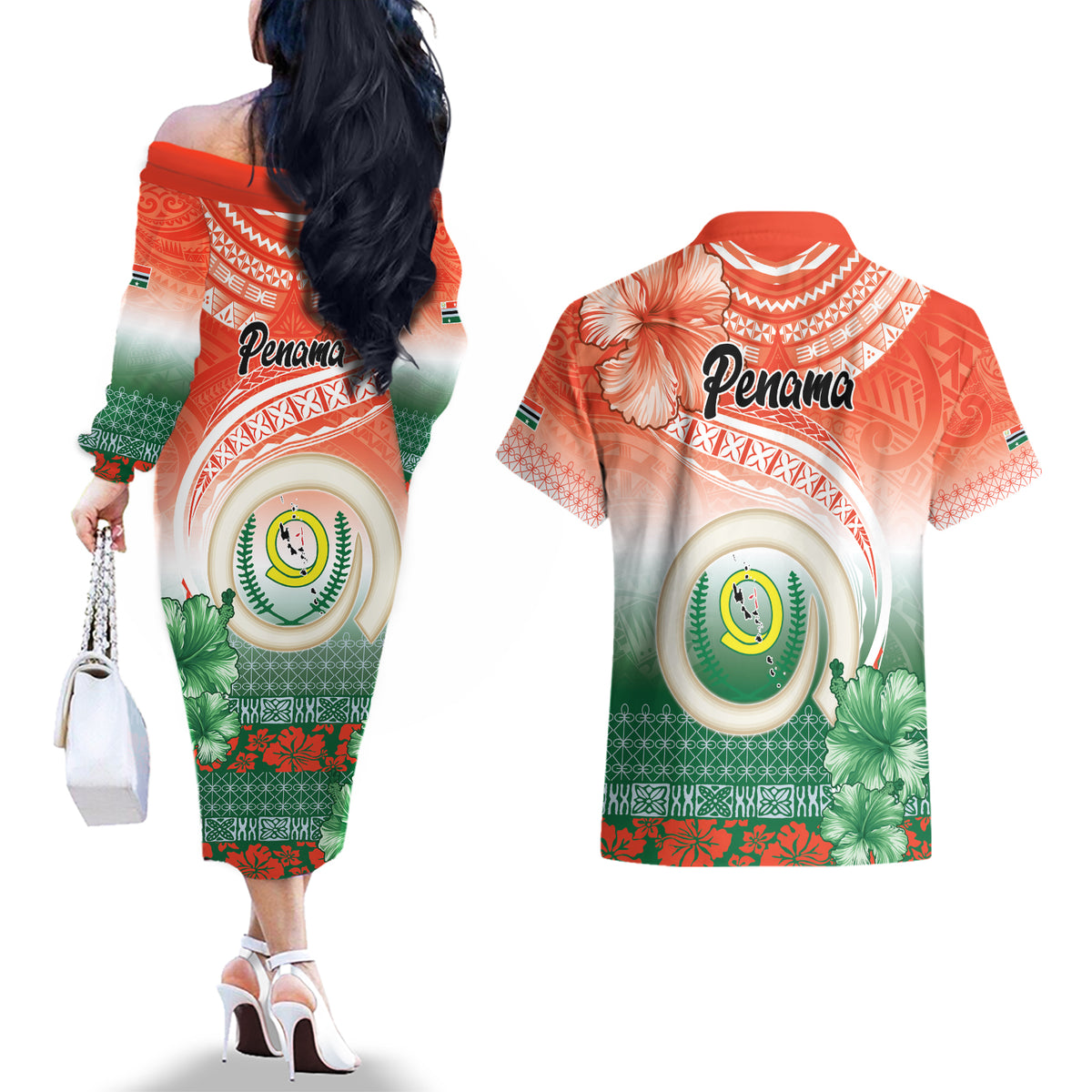 Penama Vanuatu Couples Matching Off The Shoulder Long Sleeve Dress and Hawaiian Shirt Hibiscus Sand Drawing with Pacific Pattern