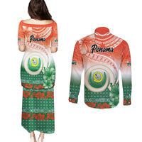 Penama Vanuatu Couples Matching Puletasi and Long Sleeve Button Shirt Hibiscus Sand Drawing with Pacific Pattern