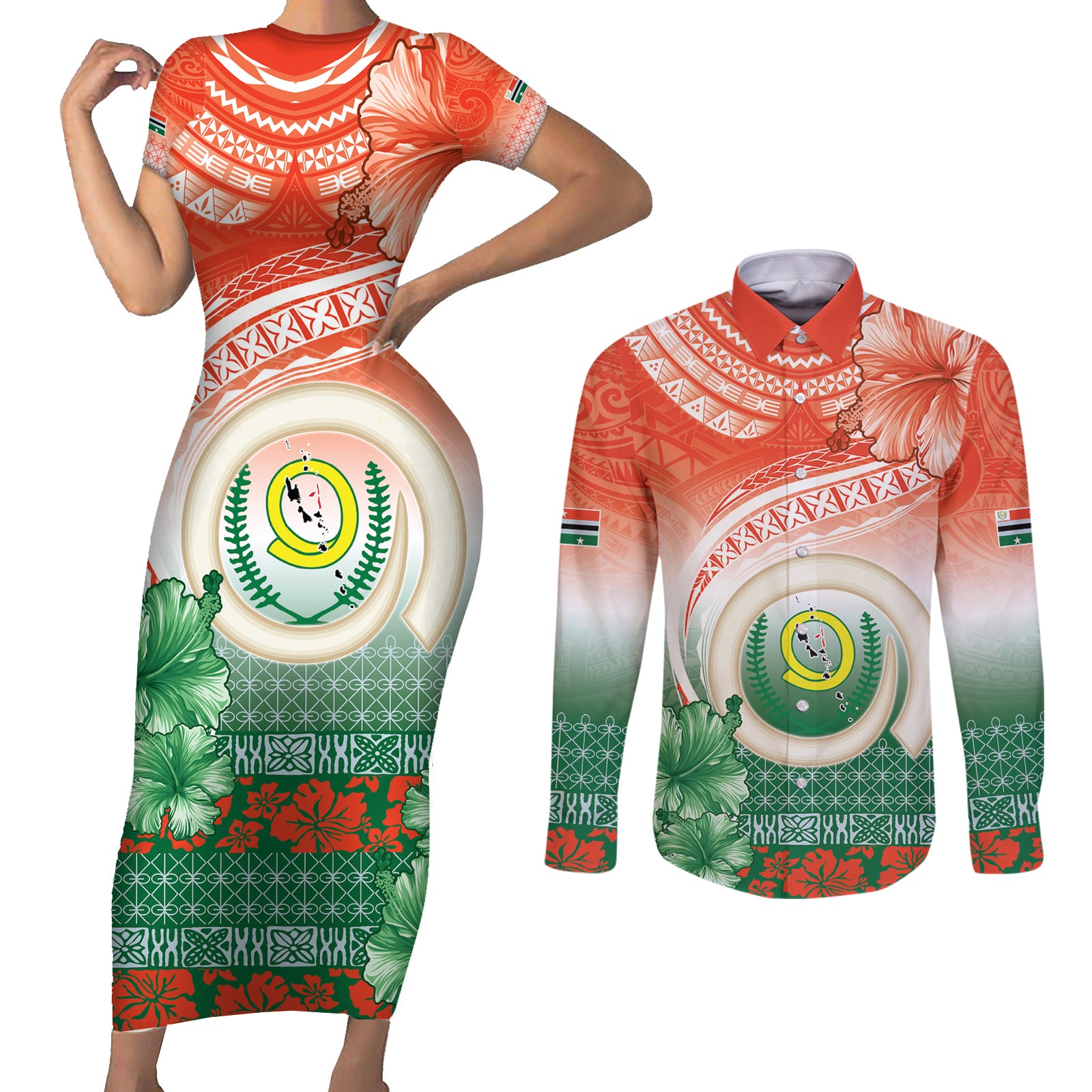 Penama Vanuatu Couples Matching Short Sleeve Bodycon Dress and Long Sleeve Button Shirt Hibiscus Sand Drawing with Pacific Pattern