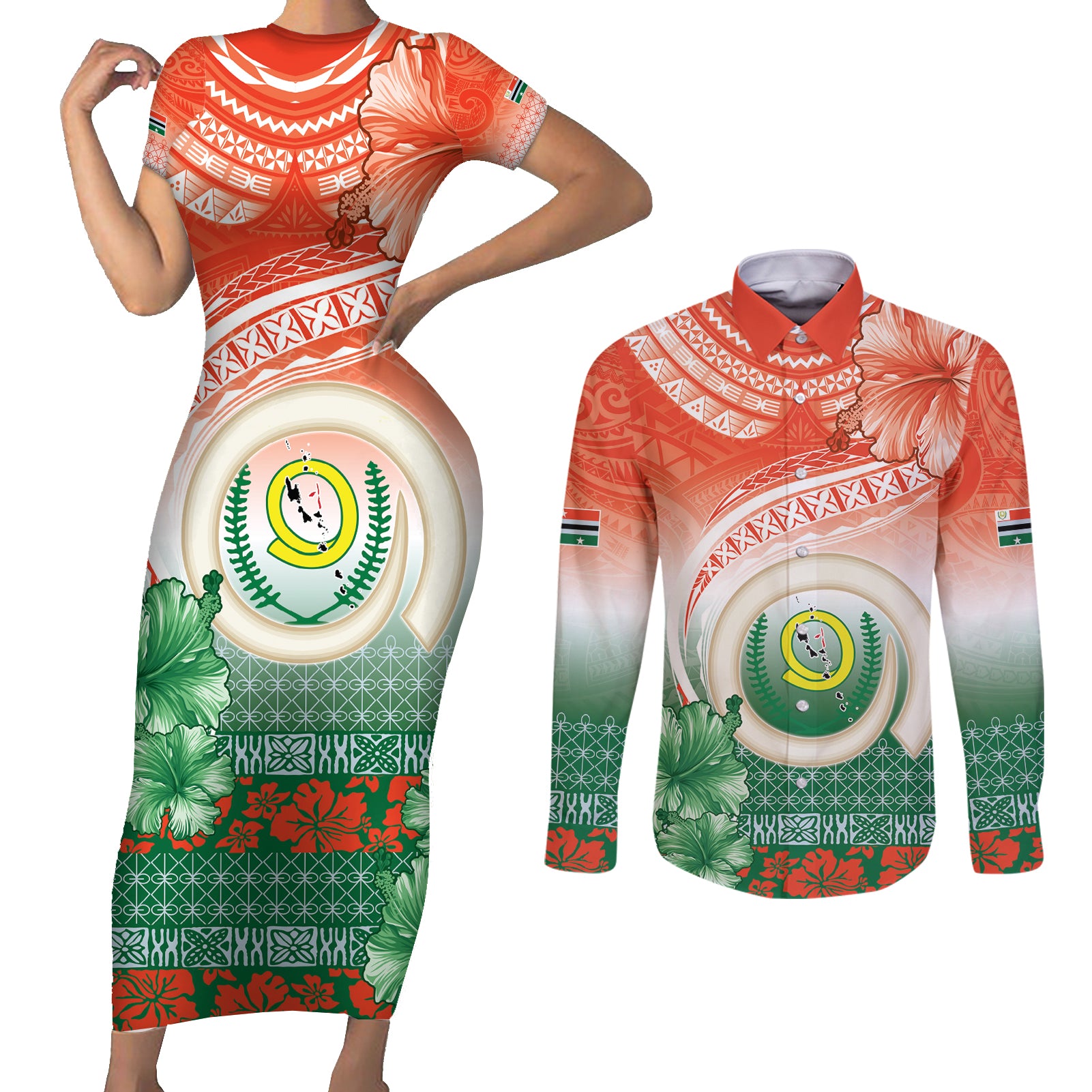 Penama Vanuatu Couples Matching Short Sleeve Bodycon Dress and Long Sleeve Button Shirt Hibiscus Sand Drawing with Pacific Pattern