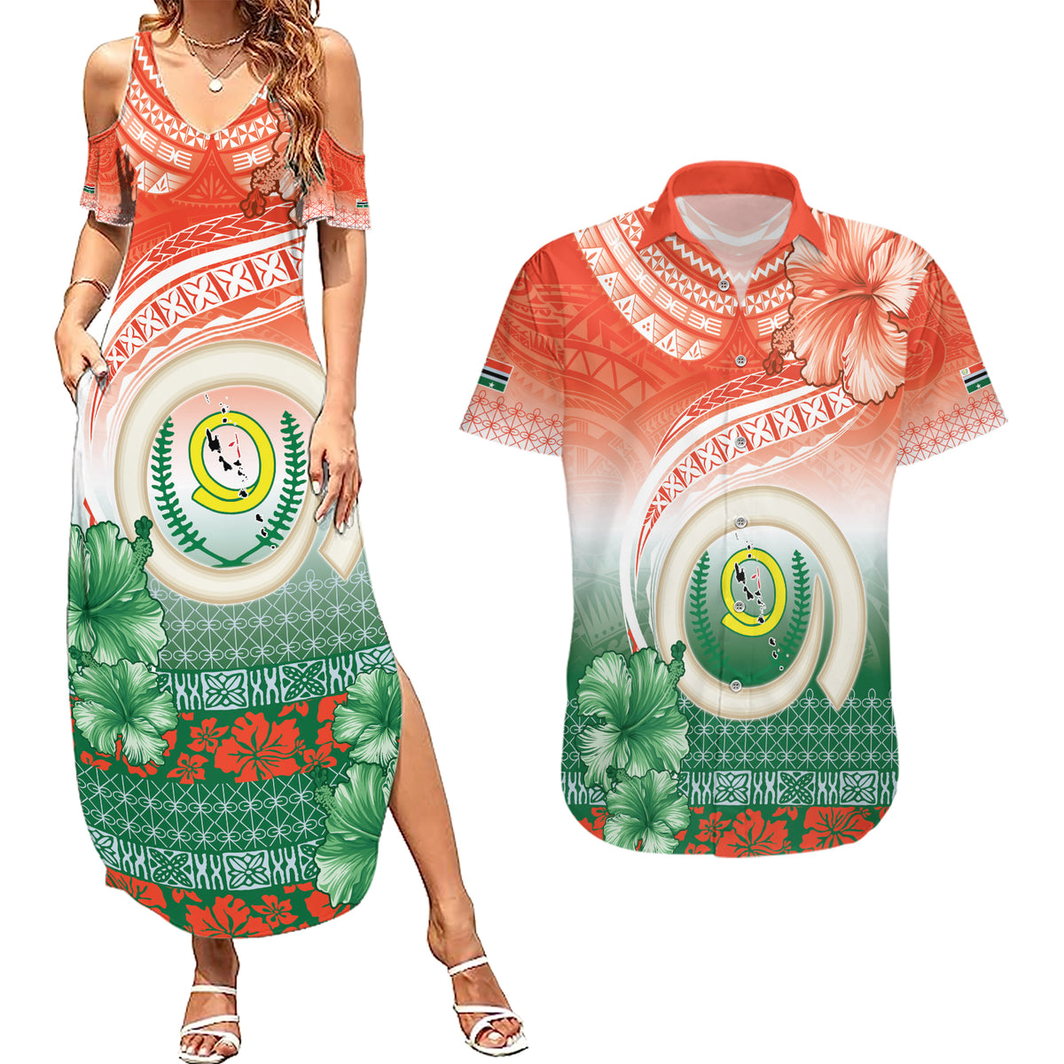 Penama Vanuatu Couples Matching Summer Maxi Dress and Hawaiian Shirt Hibiscus Sand Drawing with Pacific Pattern