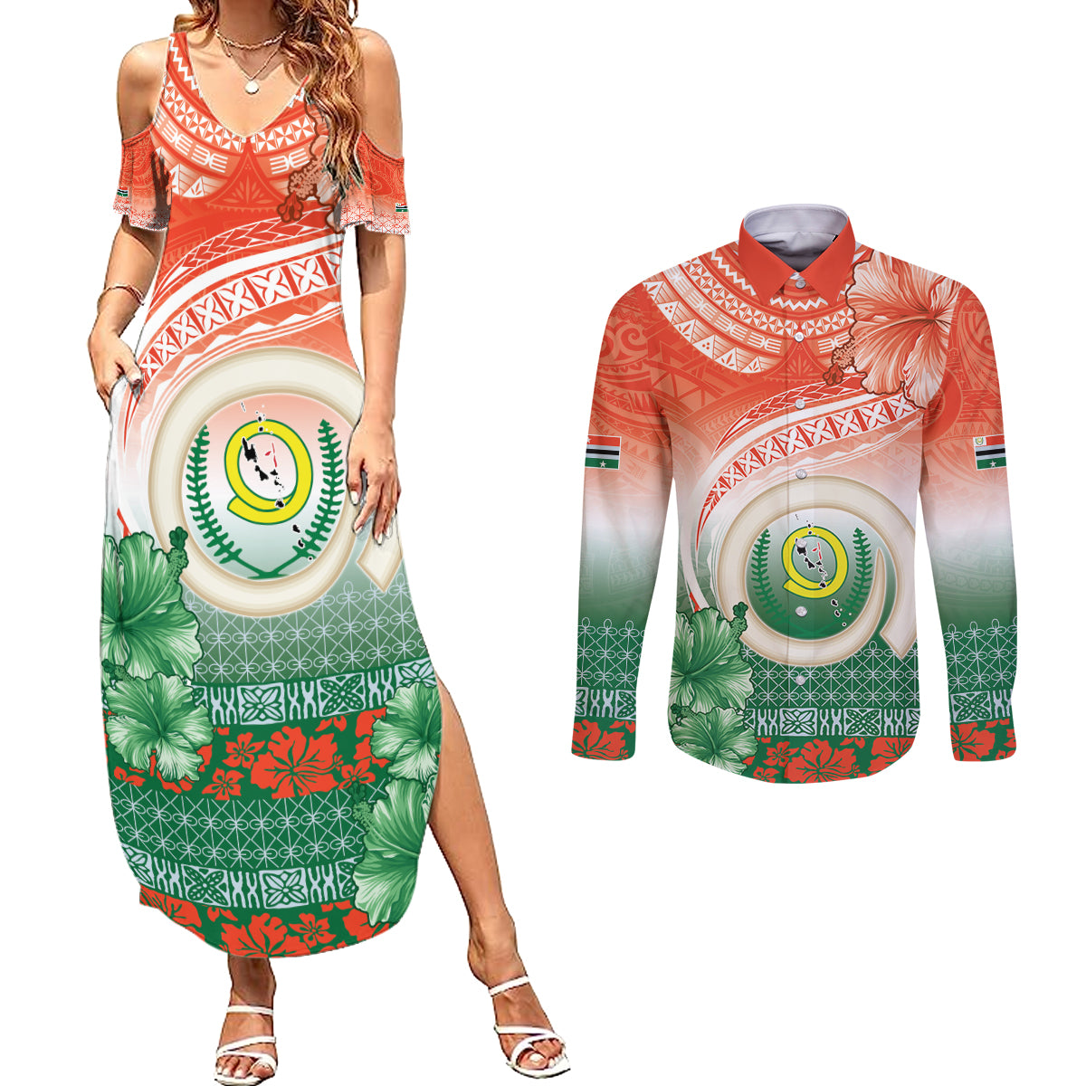 Penama Vanuatu Couples Matching Summer Maxi Dress and Long Sleeve Button Shirt Hibiscus Sand Drawing with Pacific Pattern