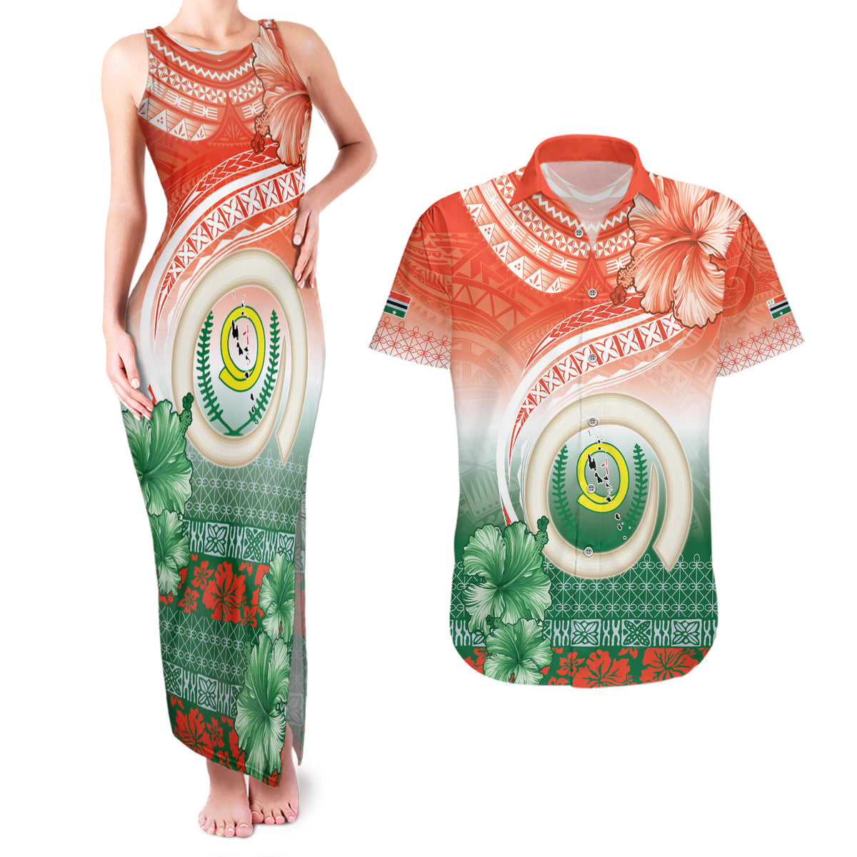 Penama Vanuatu Couples Matching Tank Maxi Dress and Hawaiian Shirt Hibiscus Sand Drawing with Pacific Pattern