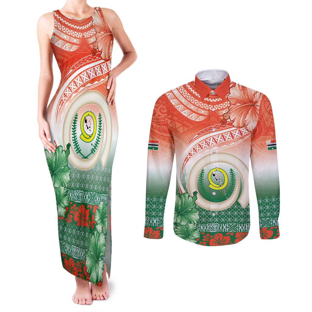 Penama Vanuatu Couples Matching Tank Maxi Dress and Long Sleeve Button Shirt Hibiscus Sand Drawing with Pacific Pattern