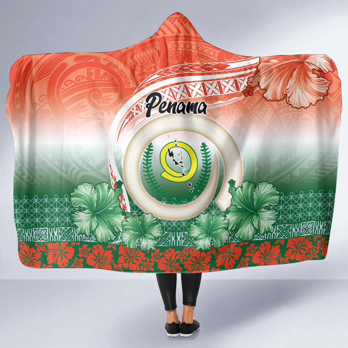 Penama Vanuatu Hooded Blanket Hibiscus Sand Drawing with Pacific Pattern