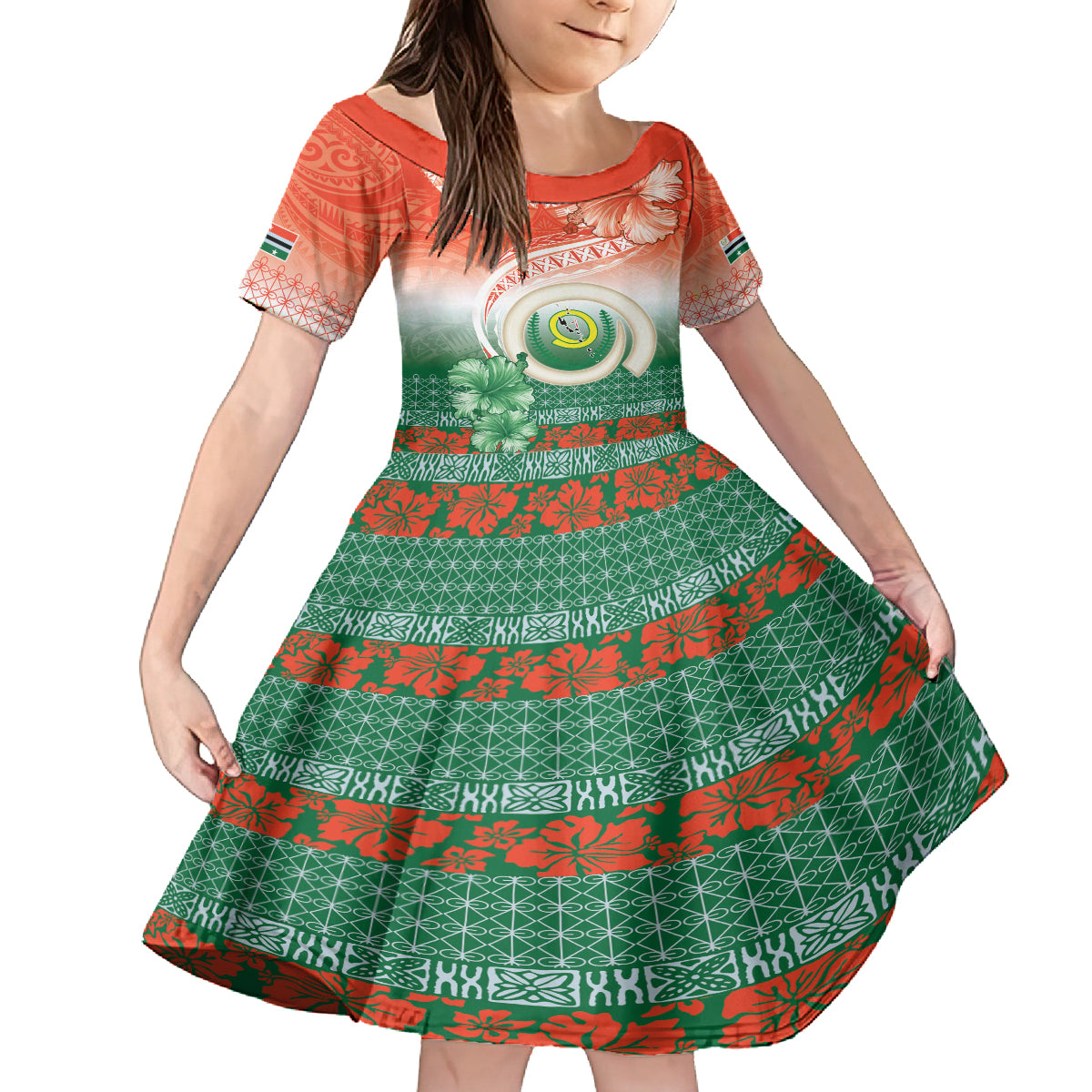 Penama Vanuatu Kid Short Sleeve Dress Hibiscus Sand Drawing with Pacific Pattern