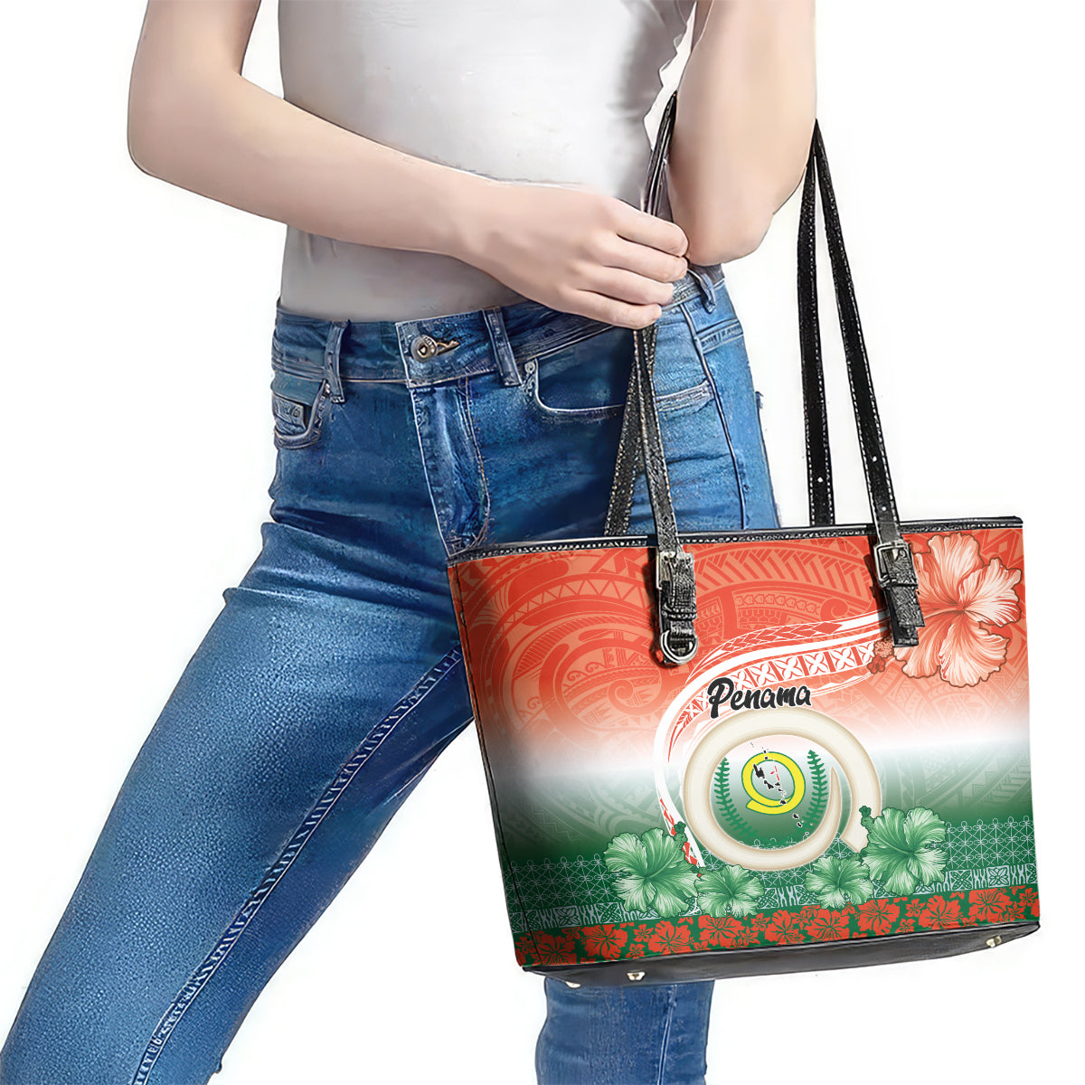 Penama Vanuatu Leather Tote Bag Hibiscus Sand Drawing with Pacific Pattern