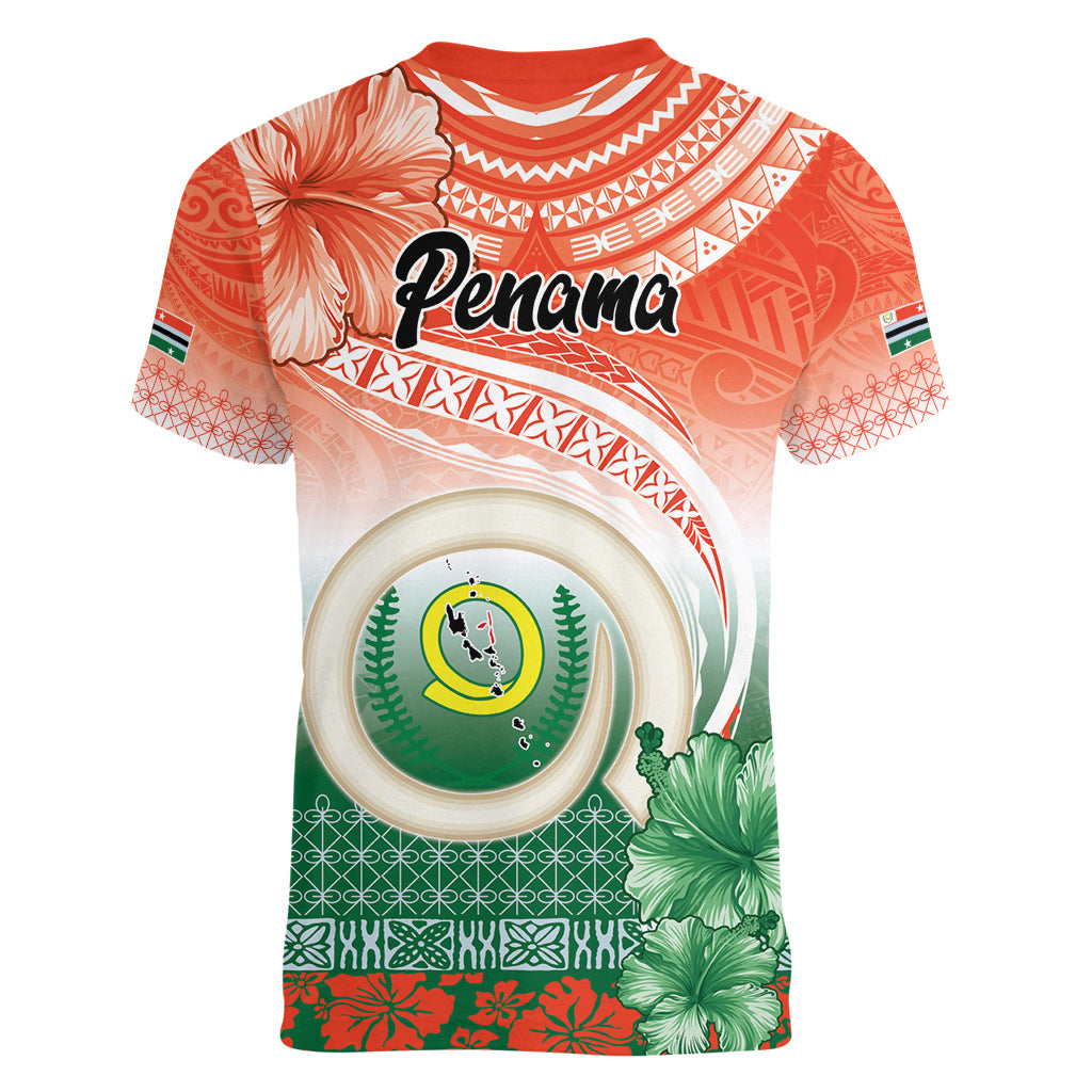 Penama Vanuatu Women V-Neck T-Shirt Hibiscus Sand Drawing with Pacific Pattern