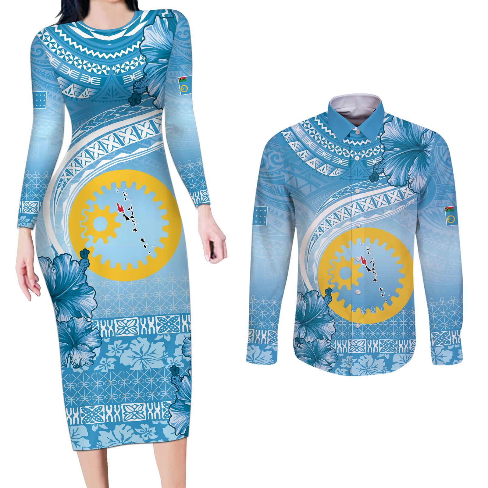 Sanma Vanuatu Couples Matching Long Sleeve Bodycon Dress and Long Sleeve Button Shirt Hibiscus Sand Drawing with Pacific Pattern
